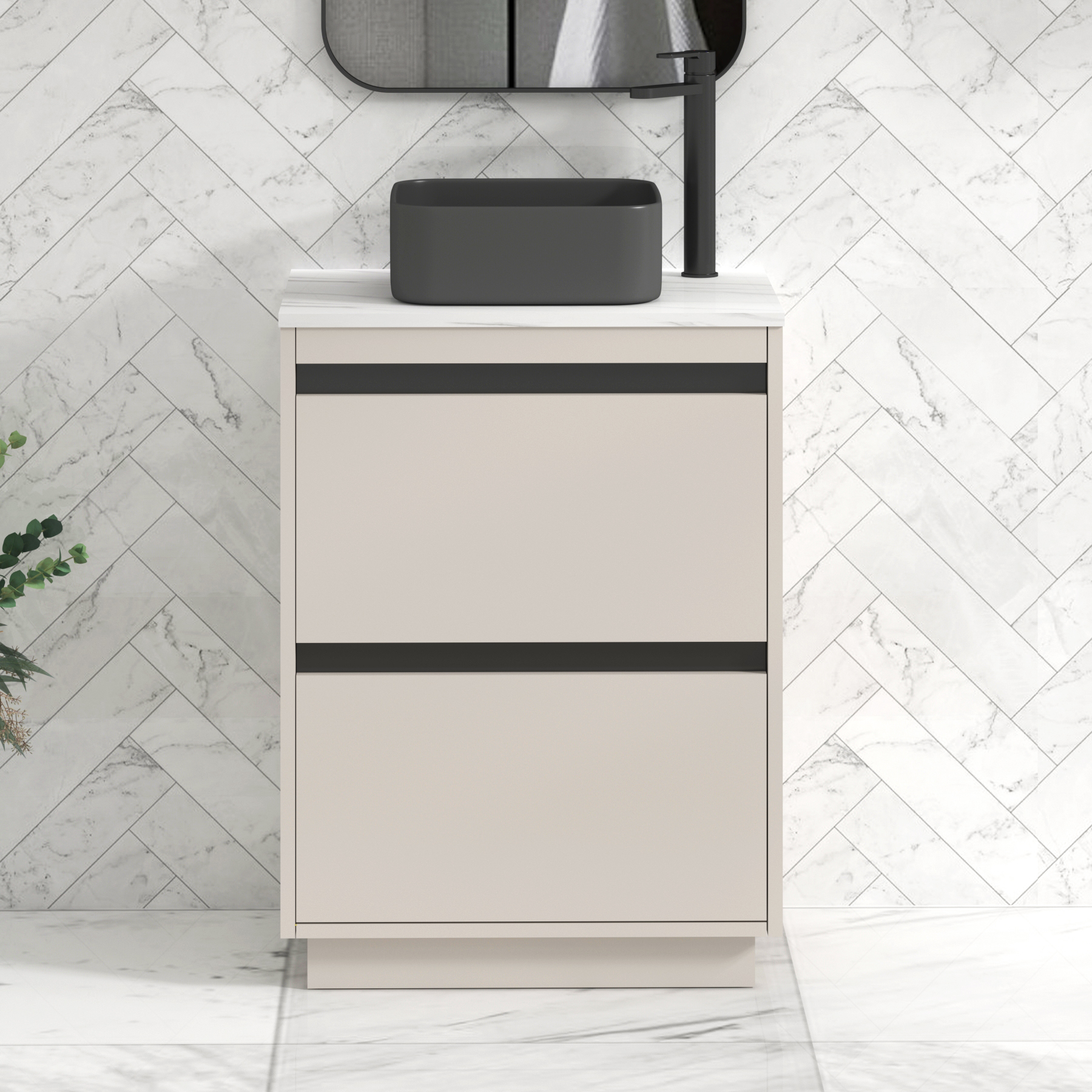 Orion 600mm Warm Taupe Floor Standing Countertop Vanity Unit 2 Drawer with Art Square Basin & Black Accent Trim