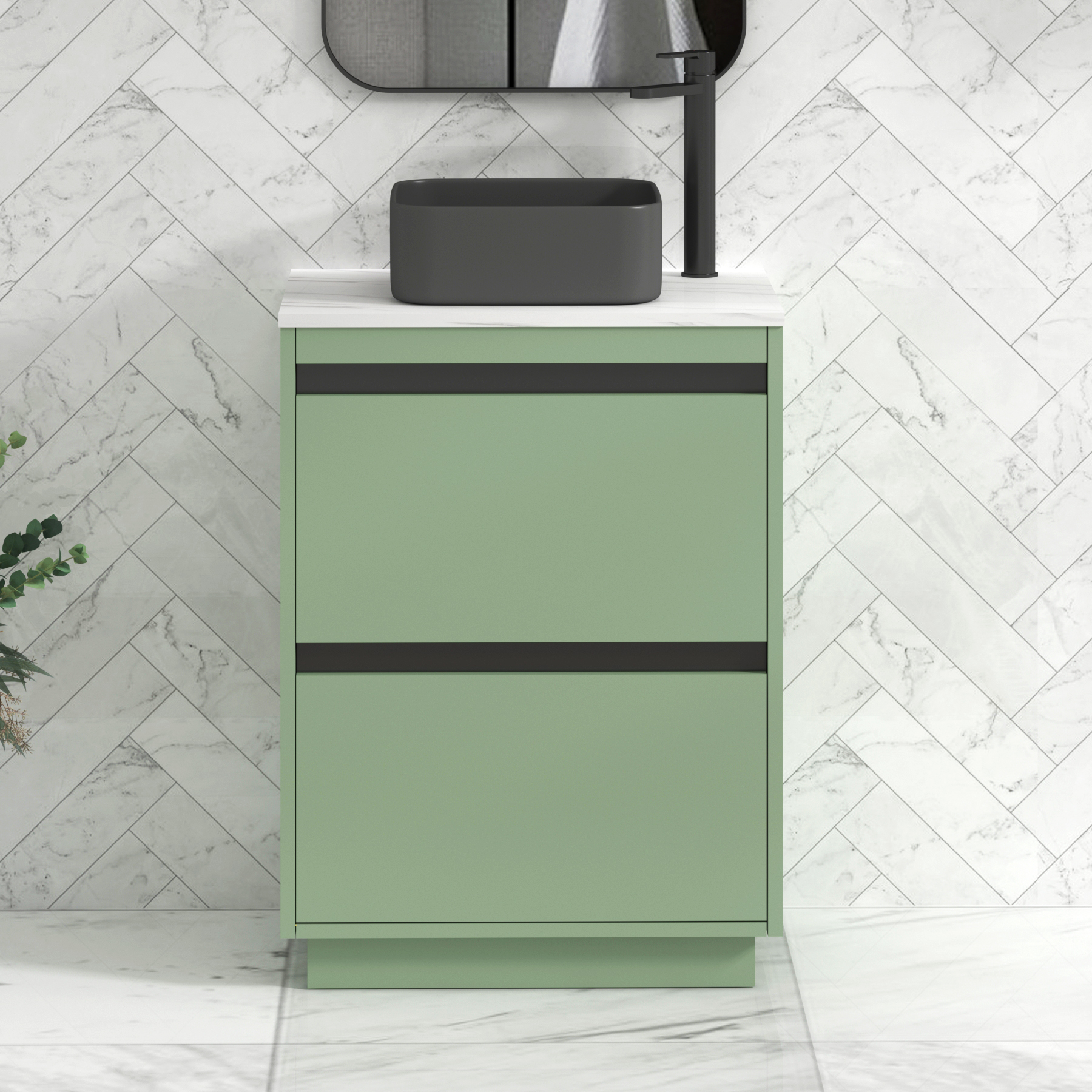 Orion 600mm Mint Green Floor Standing Countertop Vanity Unit 2 Drawer with Art Square Basin & Black Strip