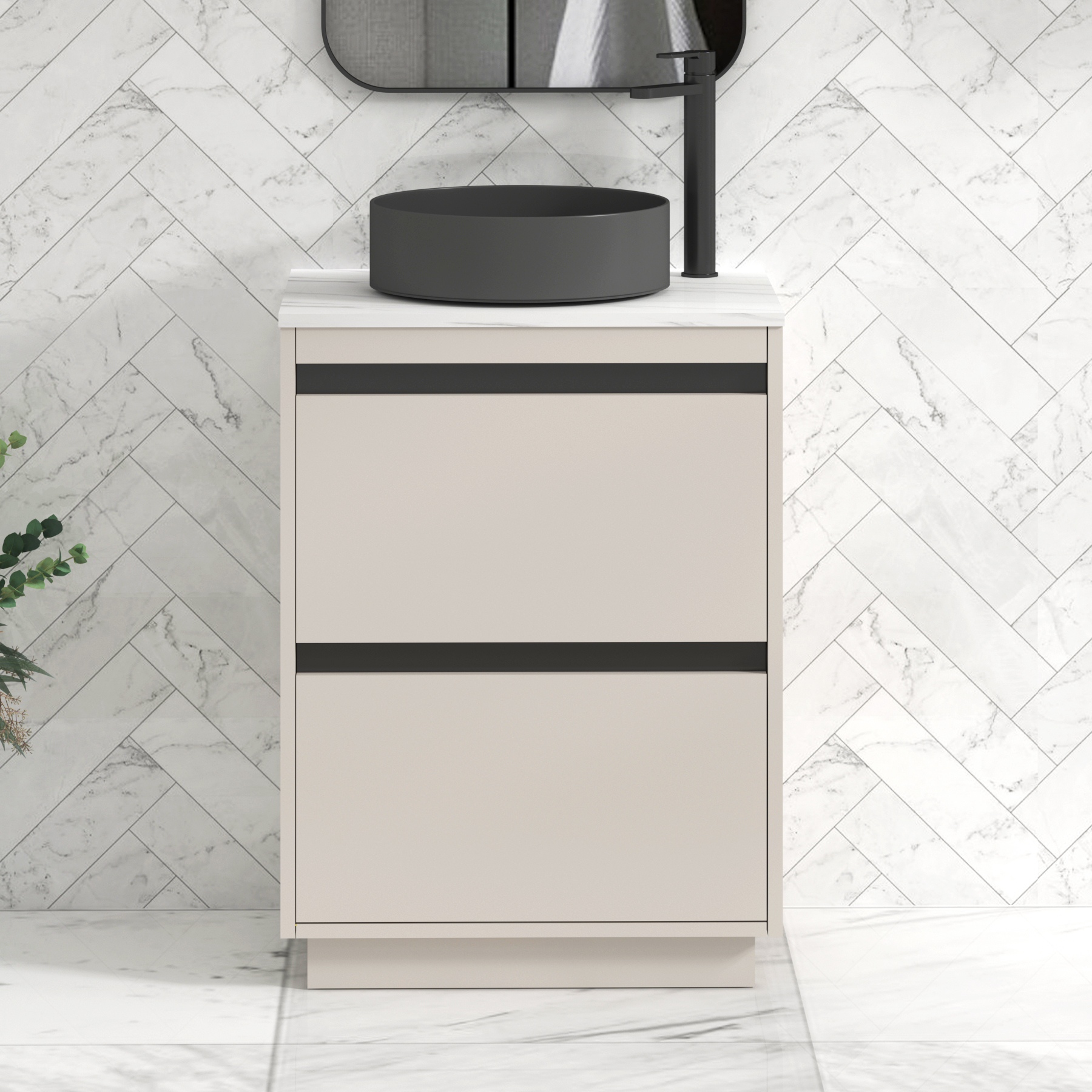 Orion 600mm Warm Taupe Floor Standing Countertop Vanity Unit 2 Drawer with Art Round Basin & Black Accent Trim