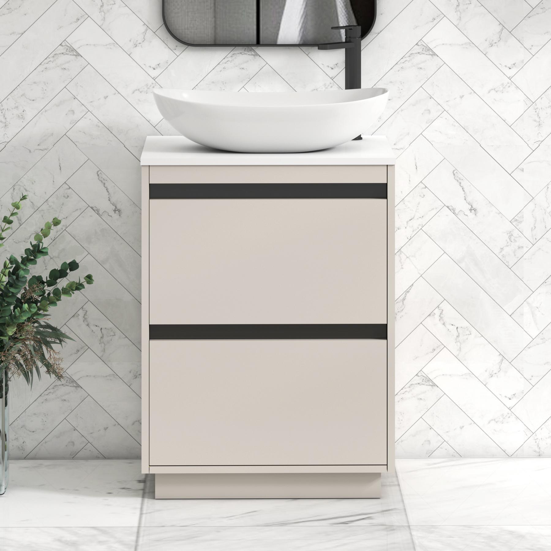 Orion 2 Drawer Warm Taupe Floor Standing Vanity Unit with Plain White Top & Countertop Basin | Black Accent Trim