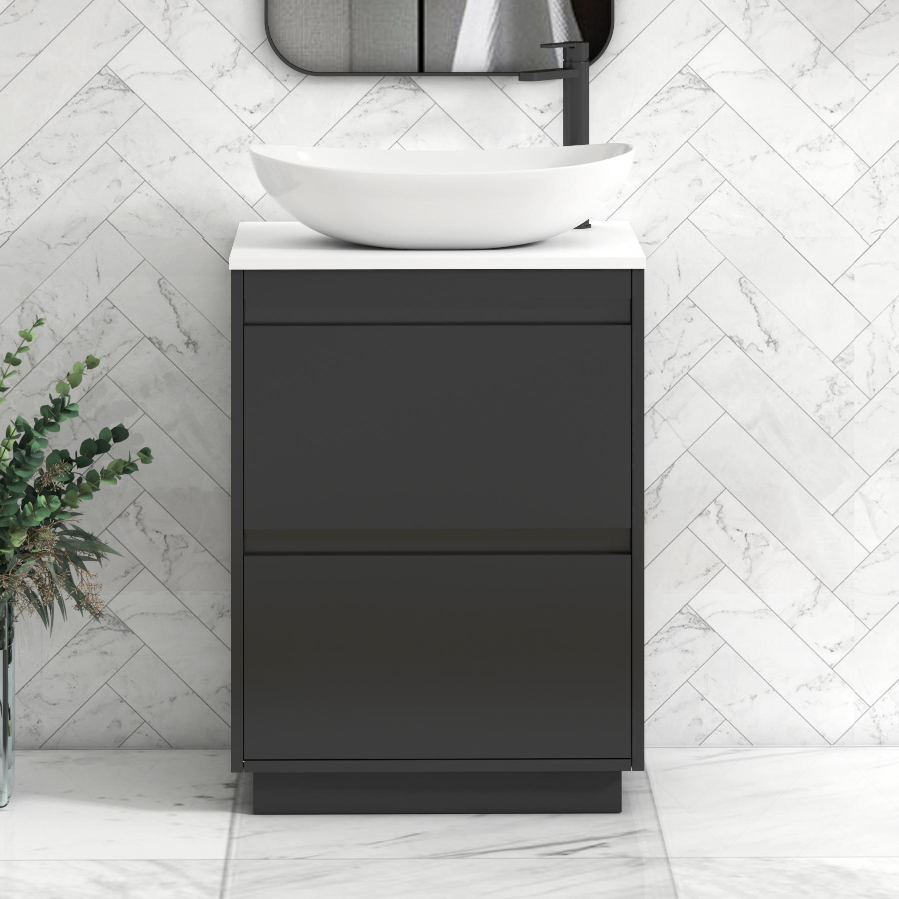 Orion 2 Drawer Matt Obsidian Black Floor Standing Vanity Unit with Plain White Top & Countertop Basin | Black Accent Trim