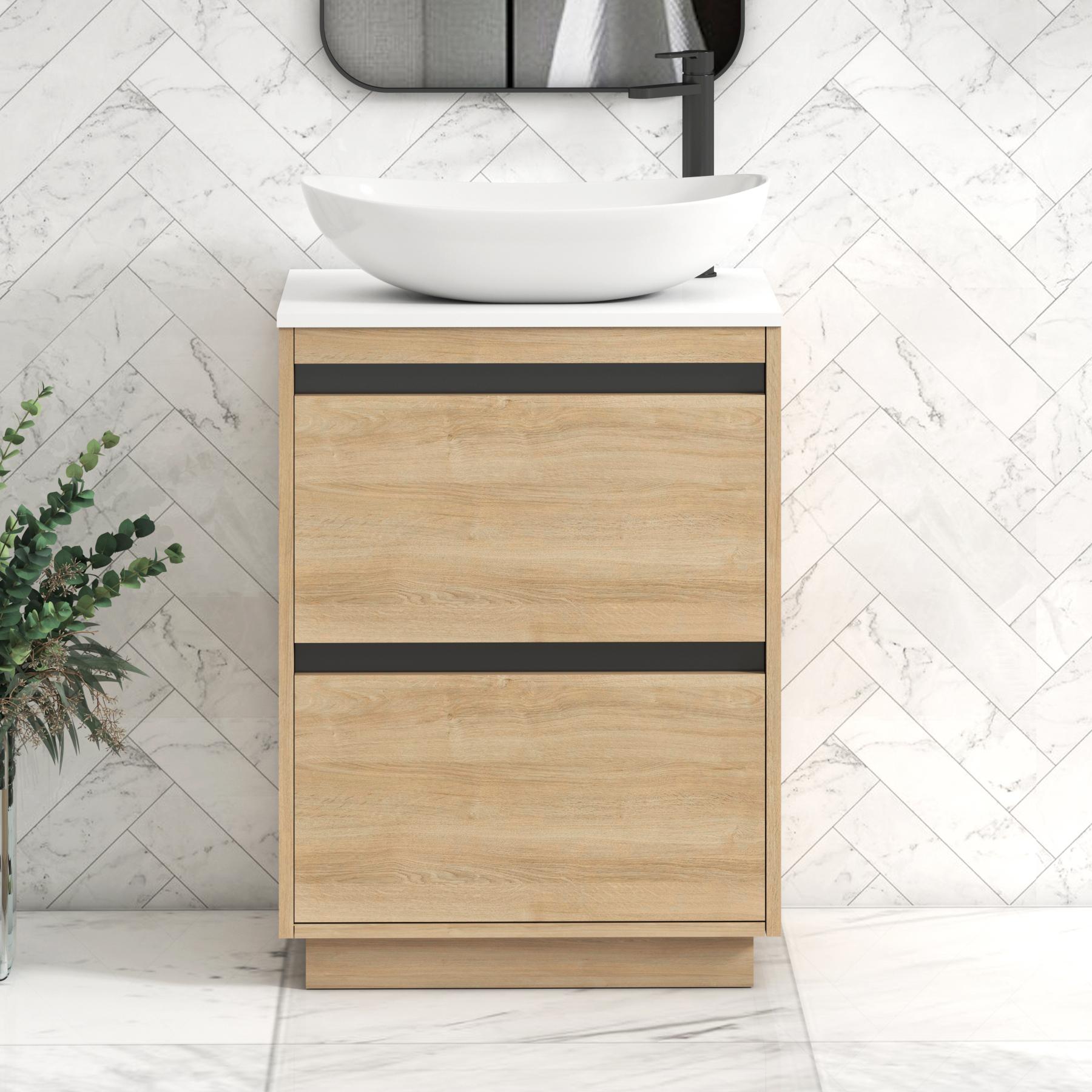 Orion 2 Drawer Natural Oak Floor Standing Vanity Unit with Plain White Top & Countertop Basin | Black Accent Trim