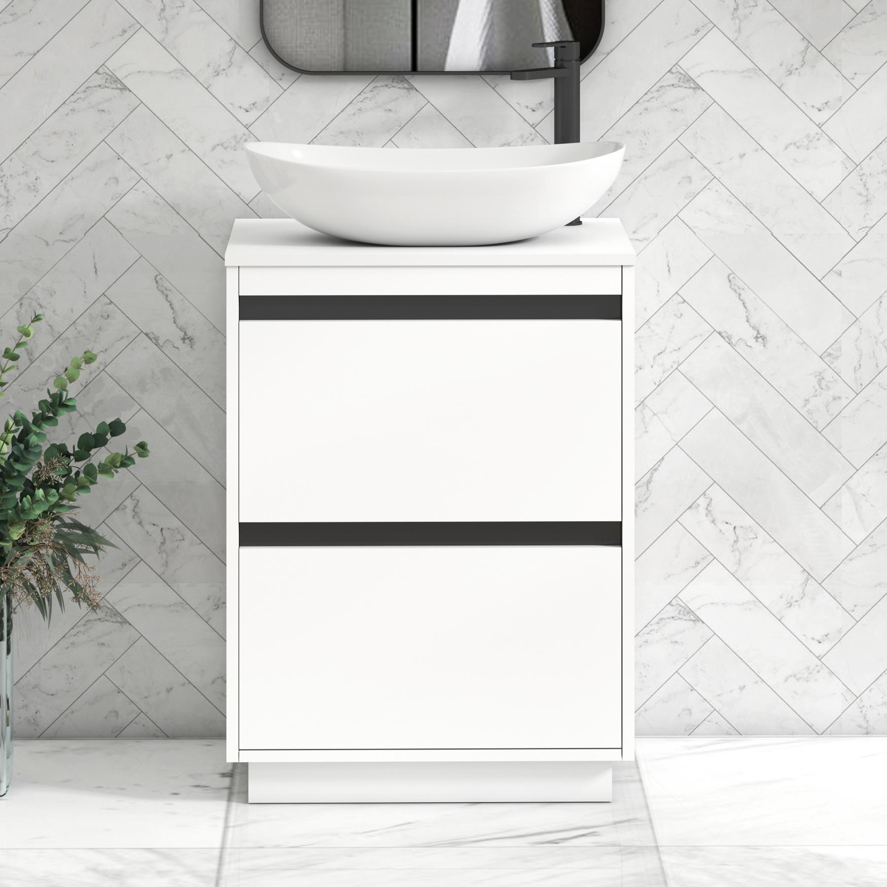 Orion 2 Drawer Matt White Floor Standing Vanity Unit with Plain White Top & Countertop Basin | Black Accent Trim