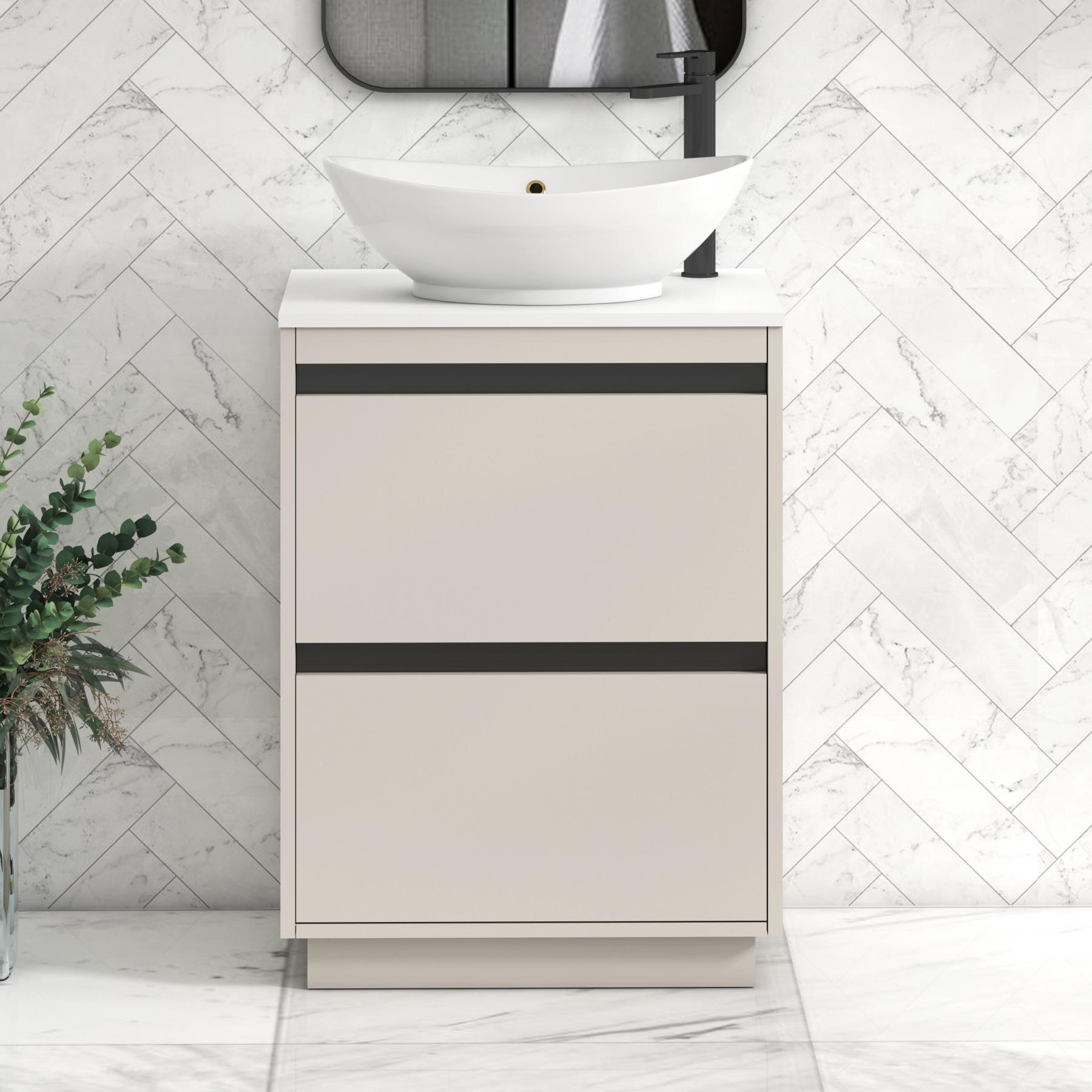 Orion 2 Drawer Warm Taupe Floor Standing Vanity Unit with Plain White Top & Countertop Basin | Black Accent Trim
