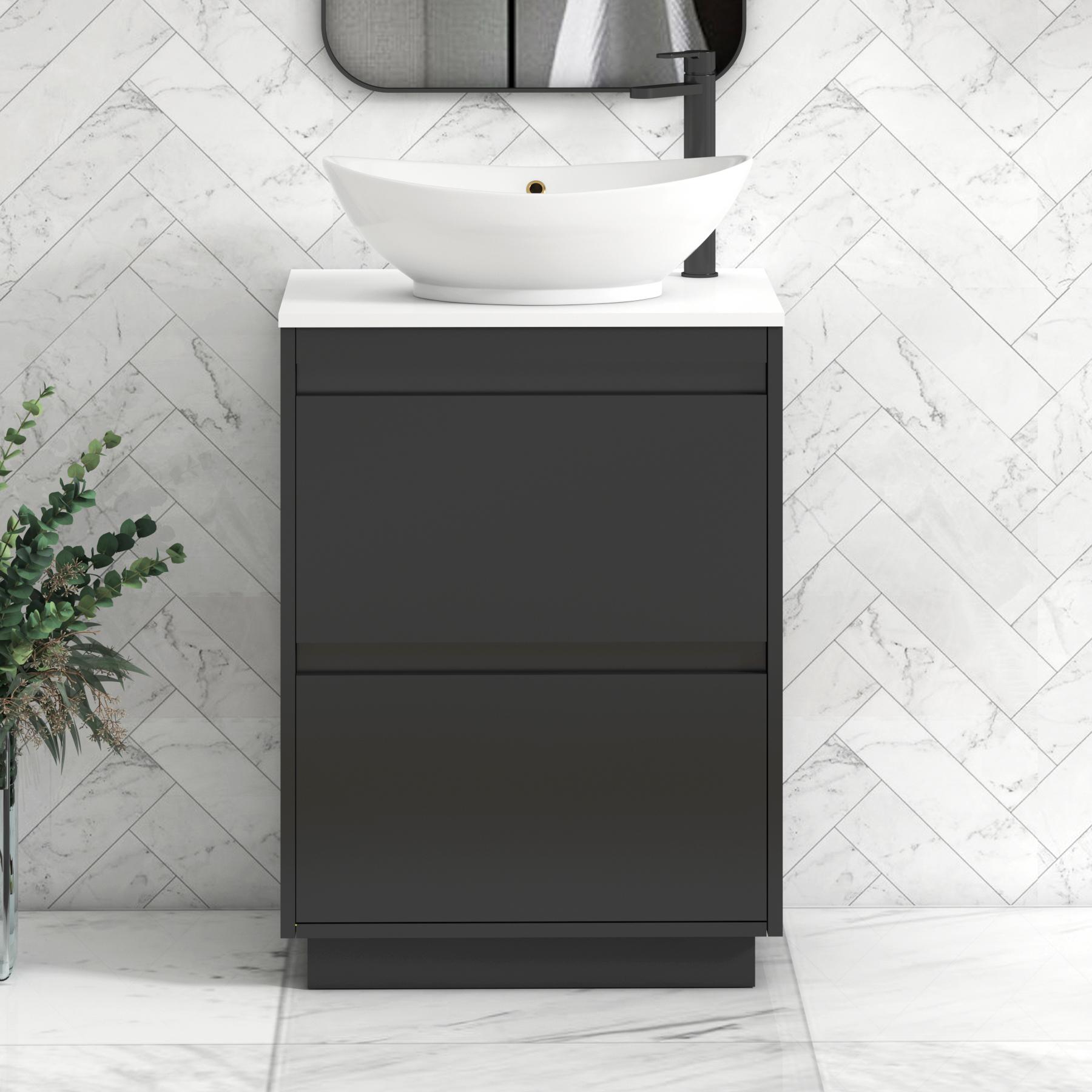Orion 2 Drawer Matt Obsidian Black Floor Standing Vanity Unit with Plain White Top & Countertop Basin | Black Accent Trim