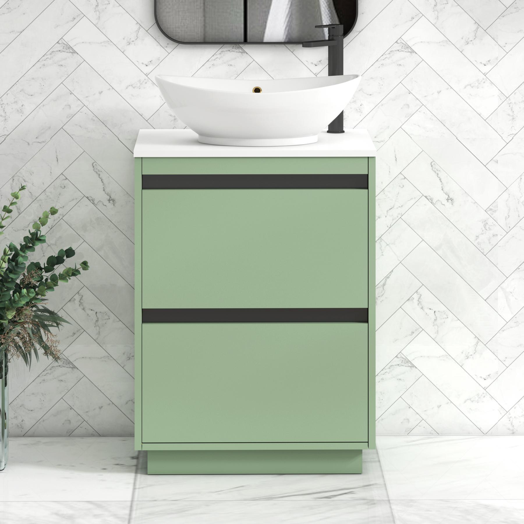 Orion 2 Drawer Mint Sage Floor Standing Vanity Unit with Plain White Top & Countertop Basin | Black Accent Trim