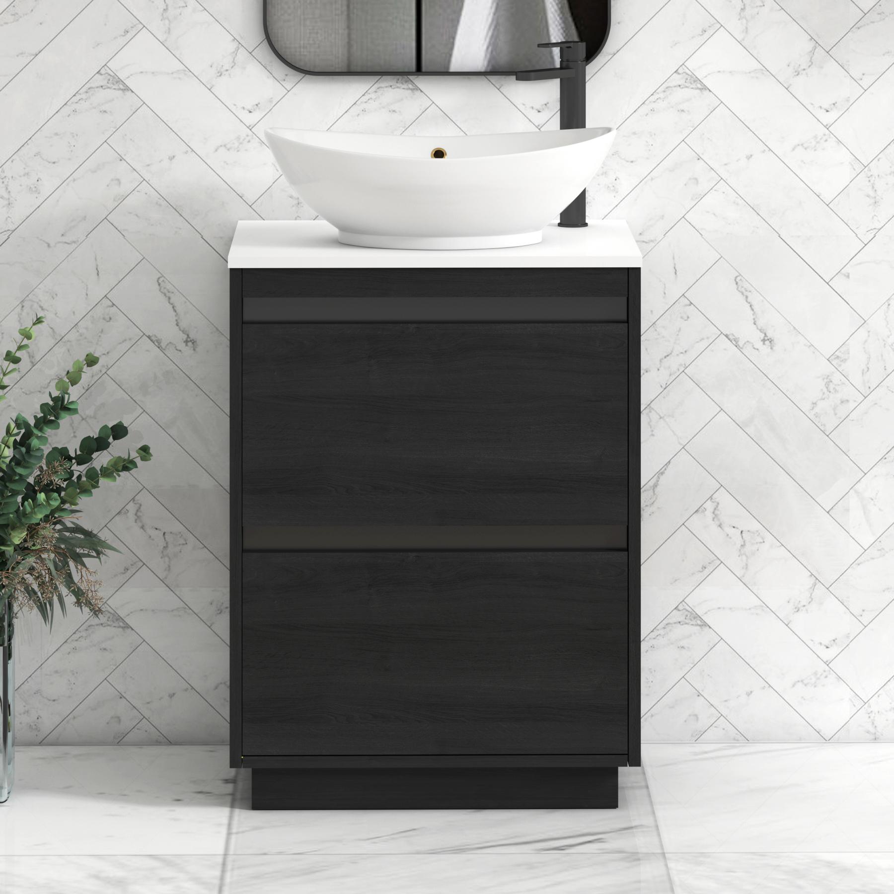 Orion 2 Drawer Hale Black Floor Standing Vanity Unit with Plain White Top & Countertop Basin | Black Accent Trim