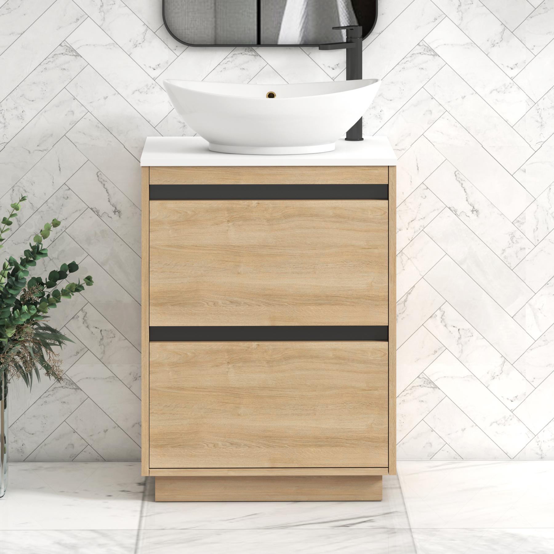 Orion 2 Drawer Natural Oak Floor Standing Vanity Unit with Plain White Top & Countertop Basin | Black Accent Trim