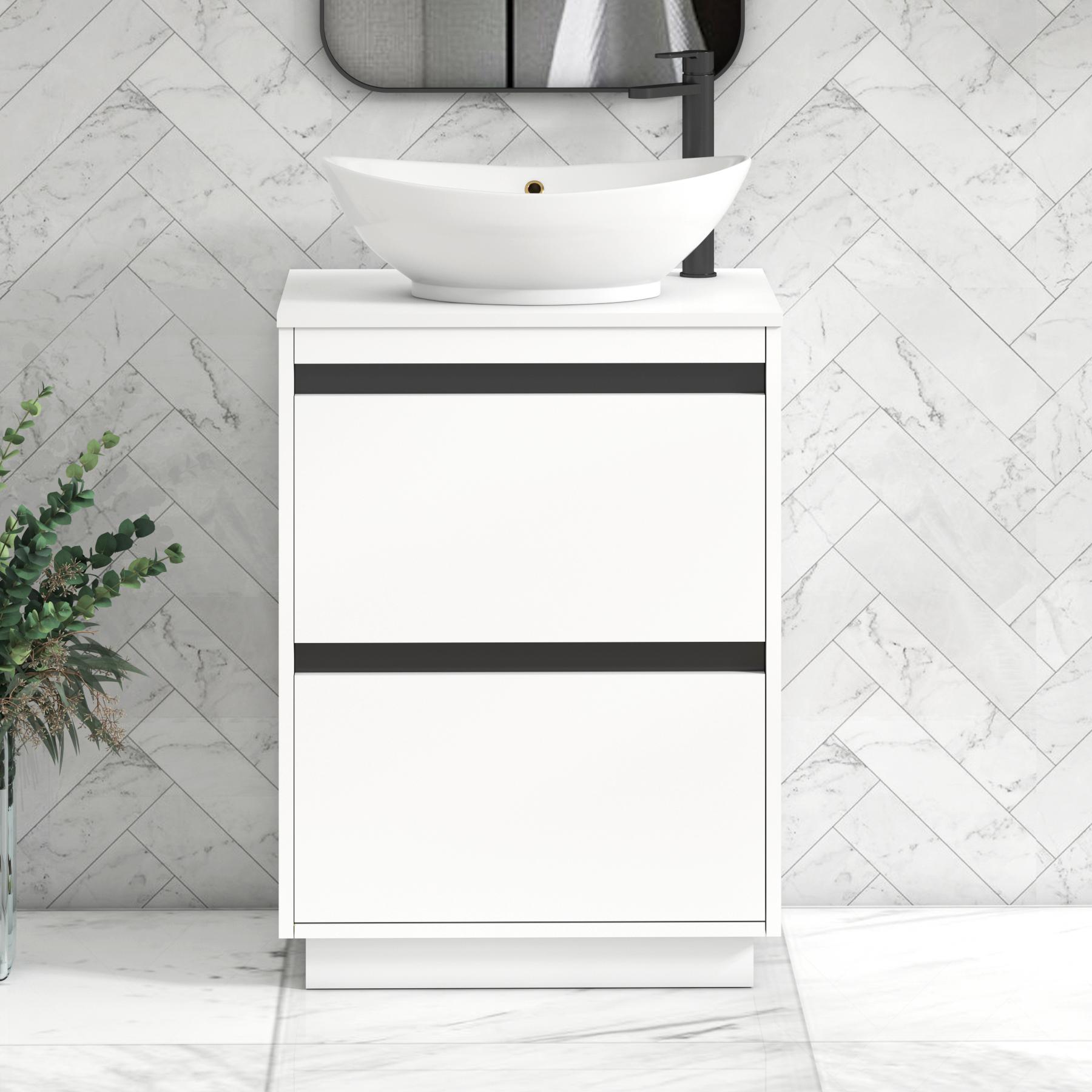 Orion 2 Drawer Matt White Floor Standing Vanity Unit with Plain White Top & Countertop Basin | Black Accent Trim