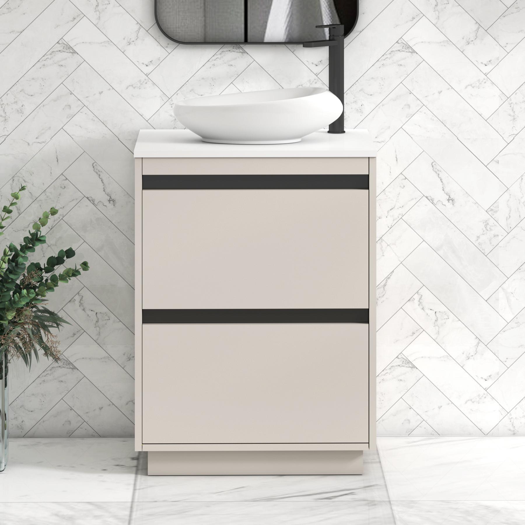 Orion 2 Drawer Warm Taupe Floor Standing Vanity Unit with Plain White Top & Countertop Basin | Black Accent Trim
