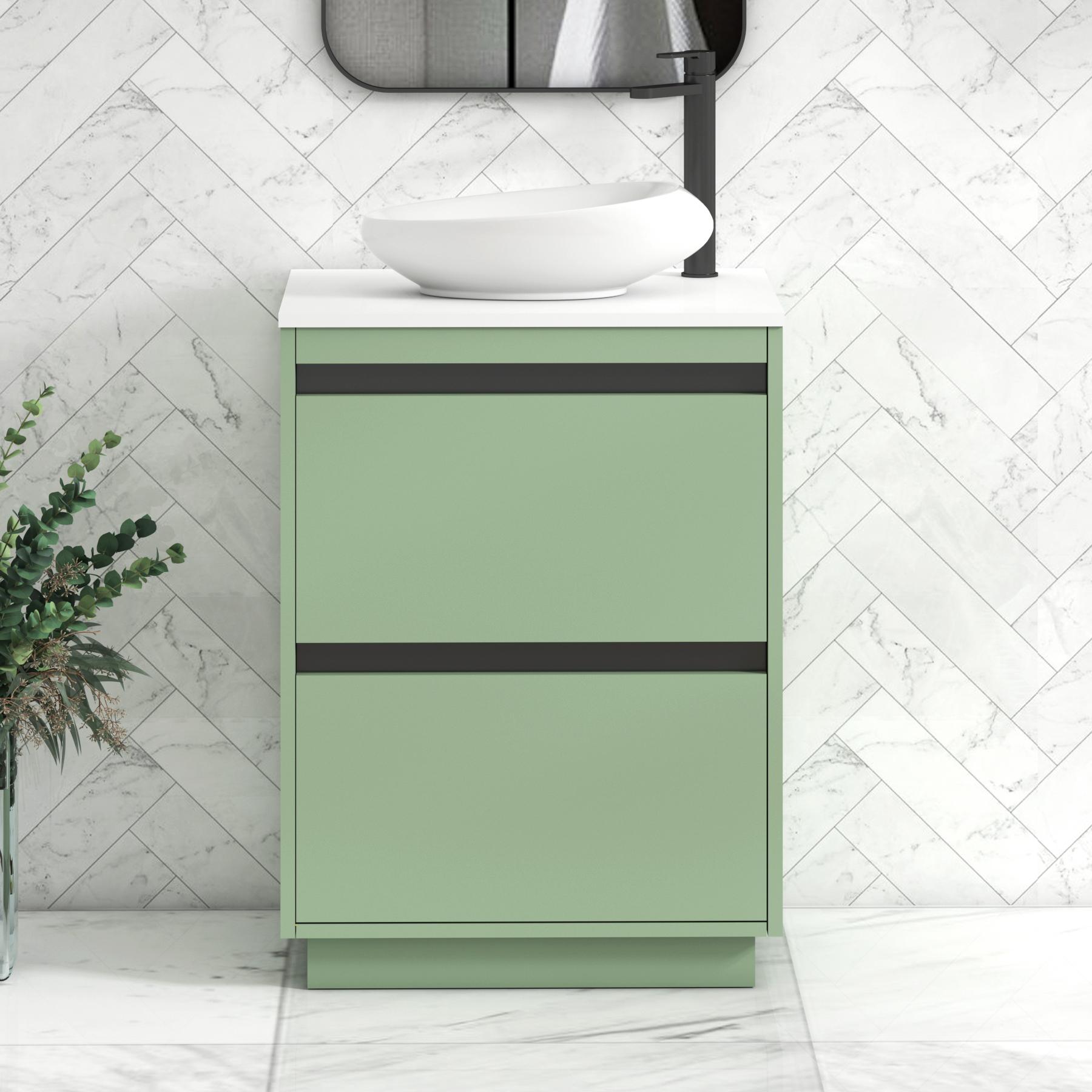 Orion 2 Drawer Mint Sage Floor Standing Vanity Unit with Plain White Top & Countertop Basin | Black Accent Trim