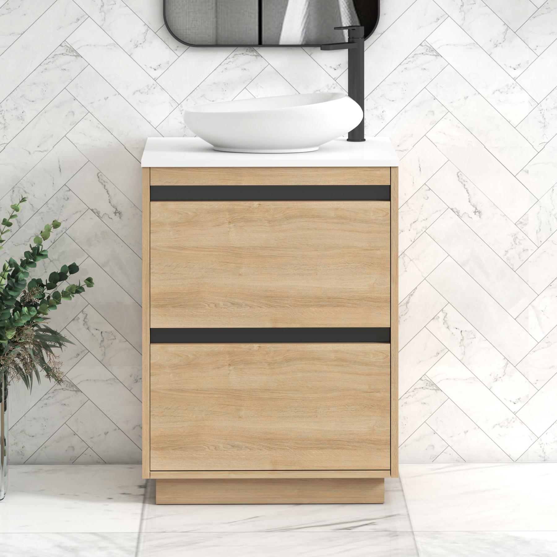 Orion 2 Drawer Natural Oak Floor Standing Vanity Unit with Plain White Top & Countertop Basin | Black Accent Trim