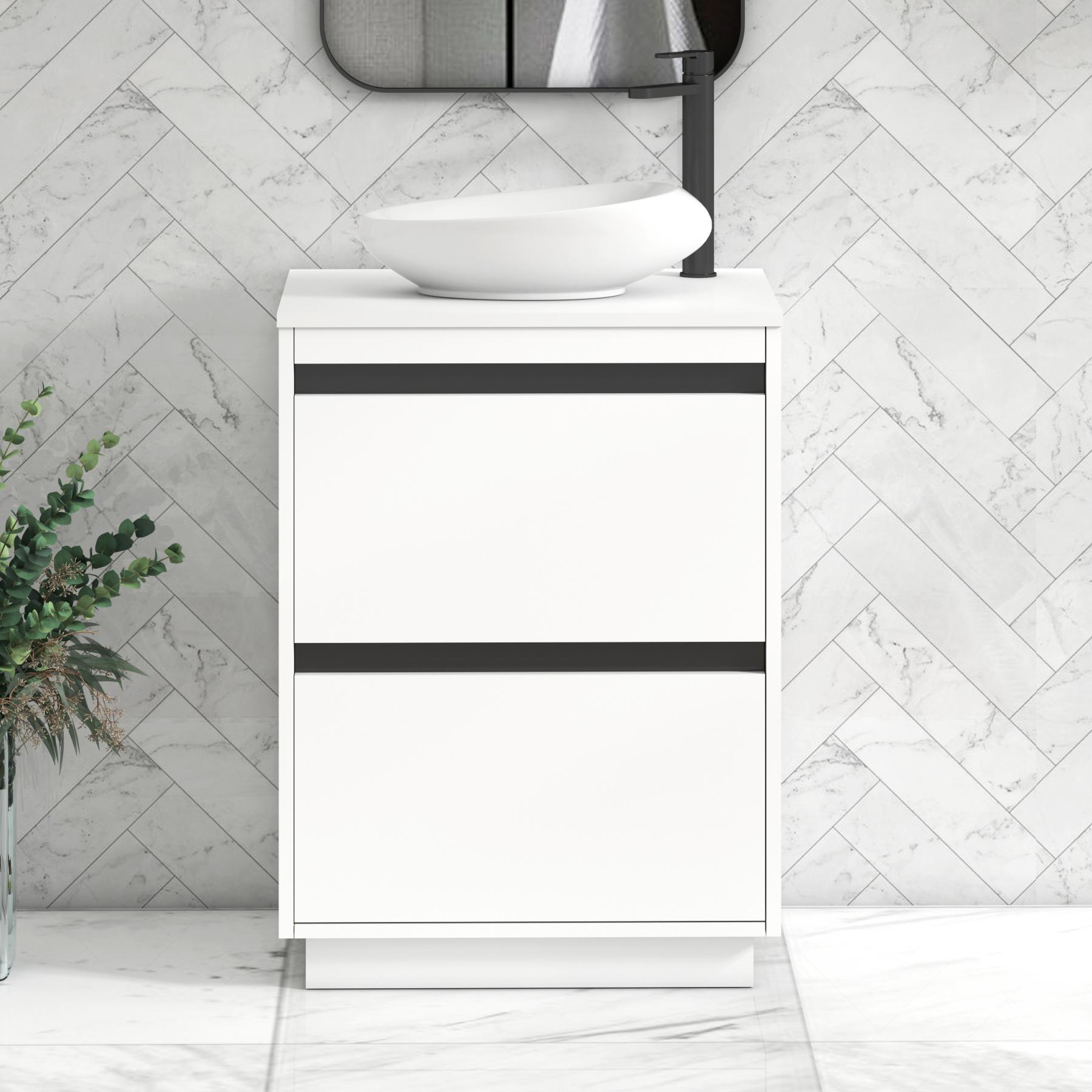 Orion 2 Drawer Matt White Floor Standing Vanity Unit with Plain White Top & Countertop Basin | Black Accent Trim