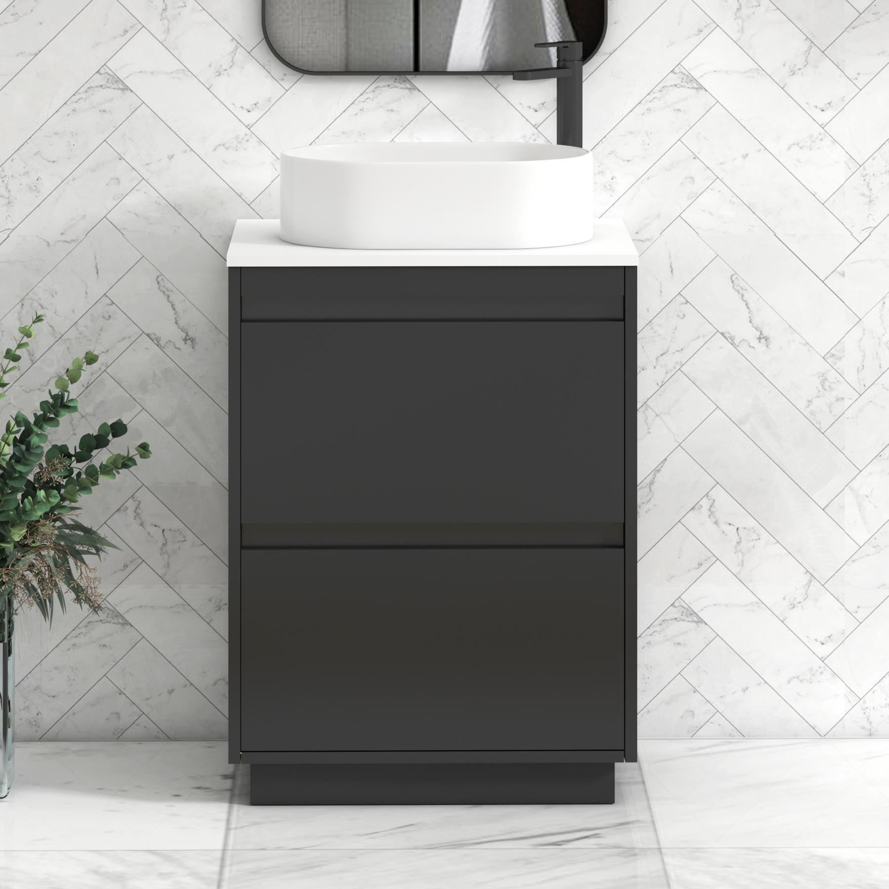 Orion 2 Drawer Matt Obsidian Black Floor Standing Vanity Unit with Plain White Top & Countertop Basin | Black Accent Trim