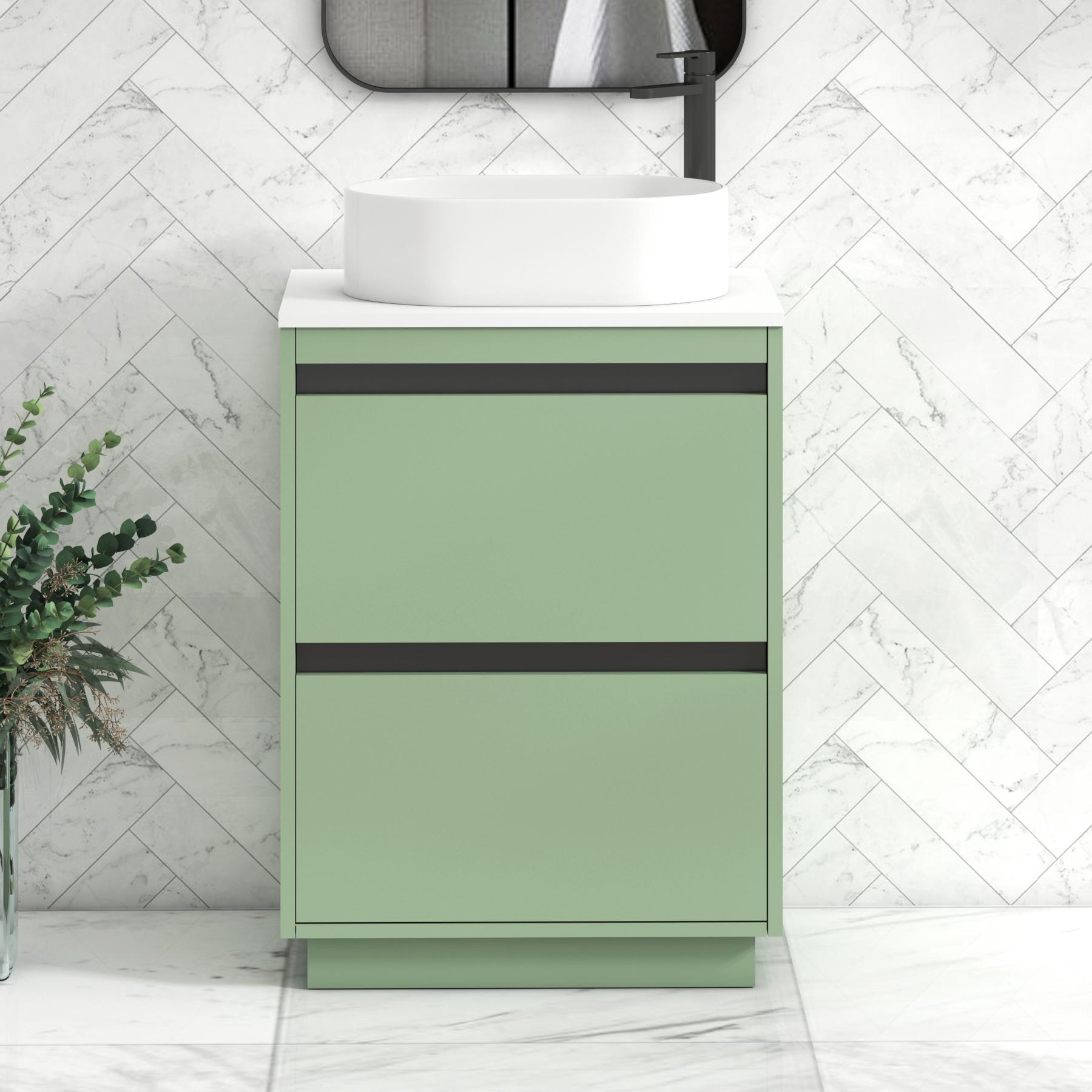 Orion 2 Drawer Mint Sage Floor Standing Vanity Unit with Plain White Top & Countertop Basin | Black Accent Trim
