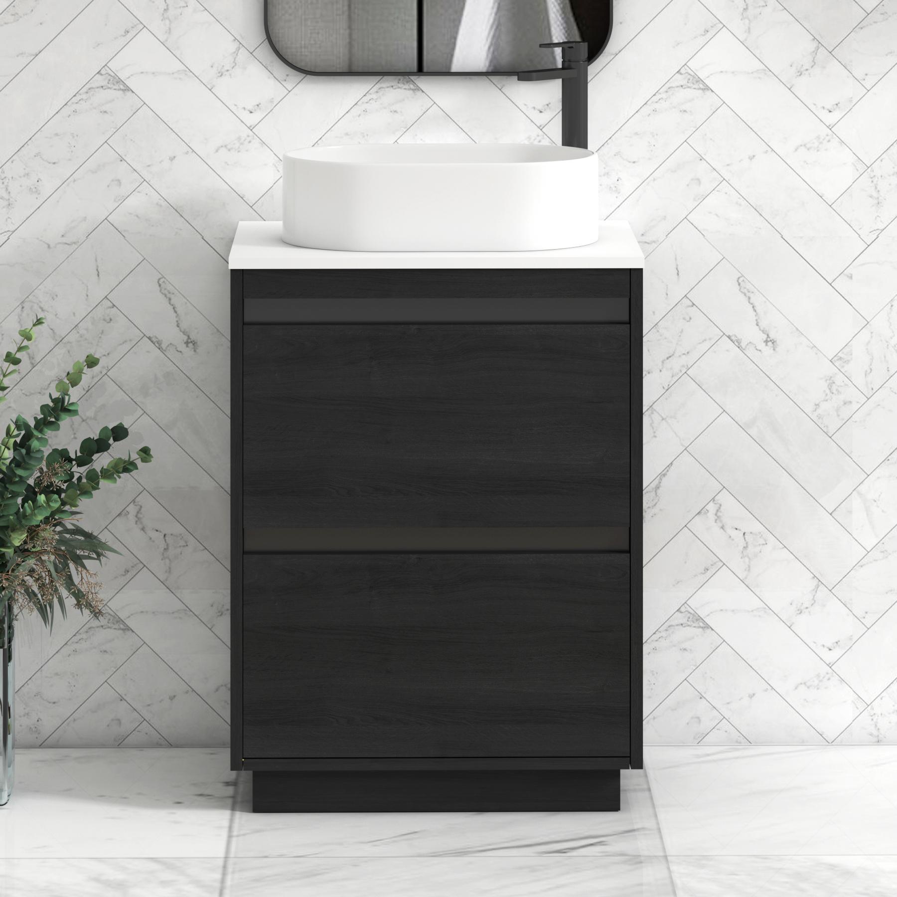 Orion 2 Drawer Hale Black Floor Standing Vanity Unit with Plain White Top & Countertop Basin | Black Accent Trim