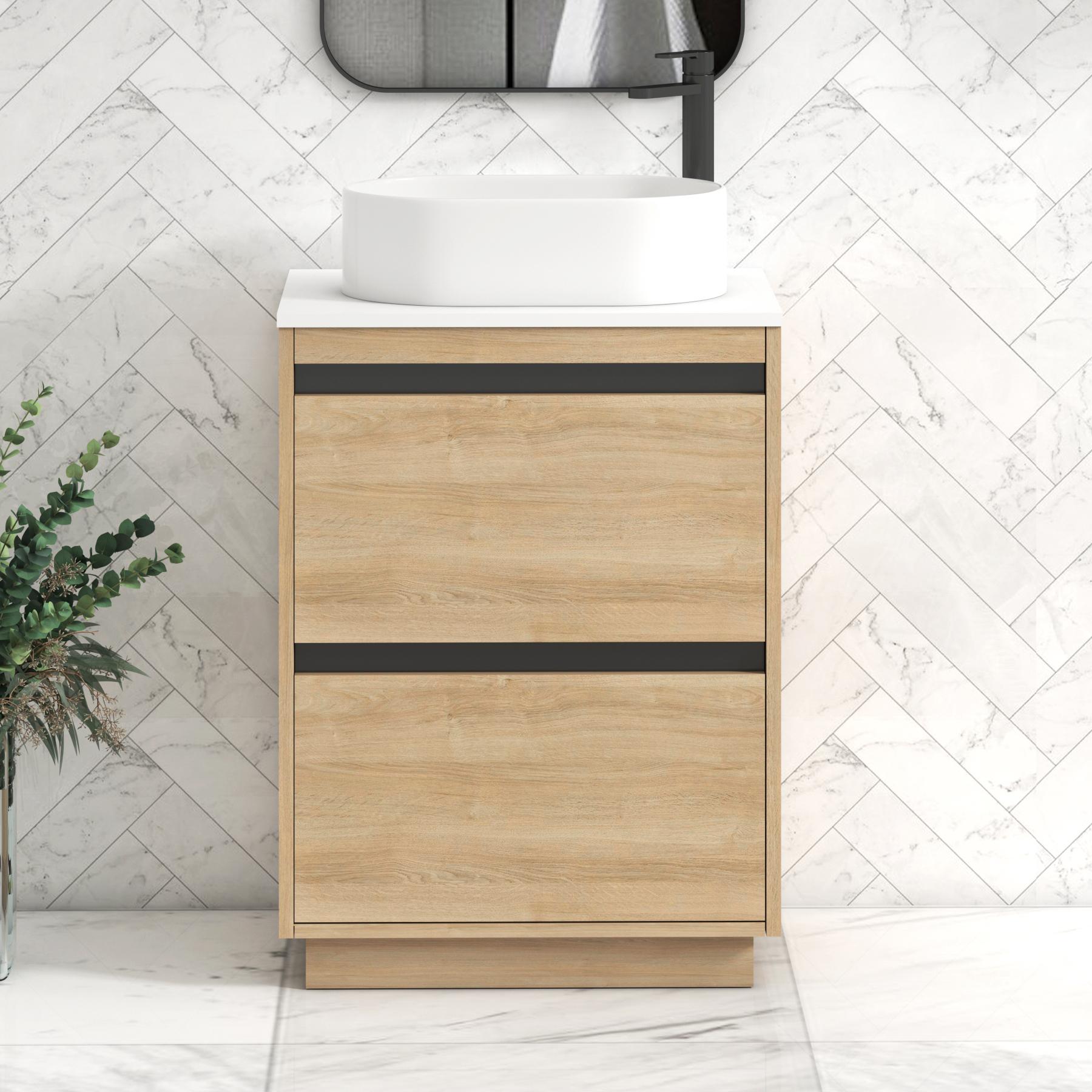 Orion 2 Drawer Natural Oak Floor Standing Vanity Unit with Plain White Top & Countertop Basin | Black Accent Trim