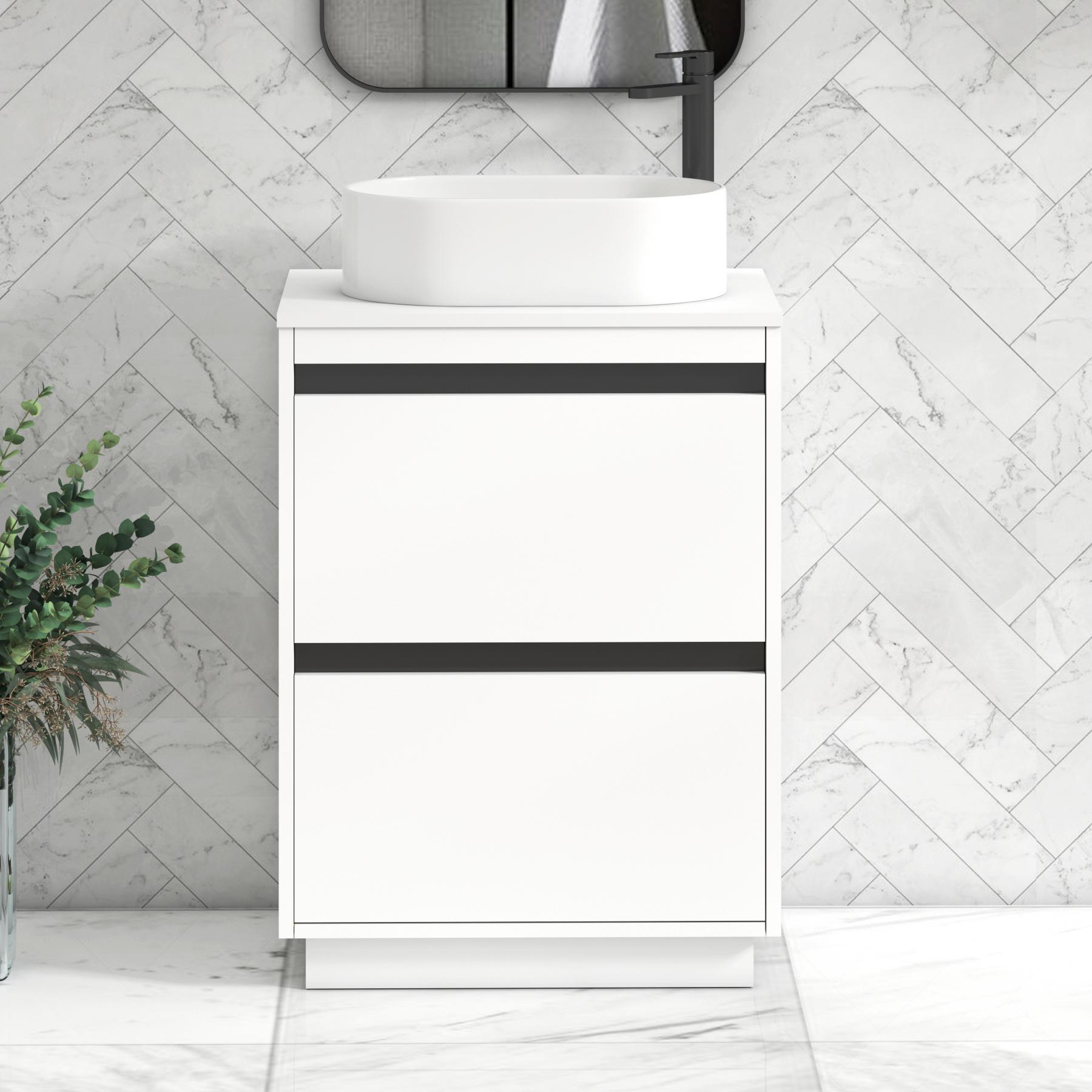 Orion 2 Drawer Matt White Floor Standing Vanity Unit with Plain White Top & Countertop Basin | Black Accent Trim