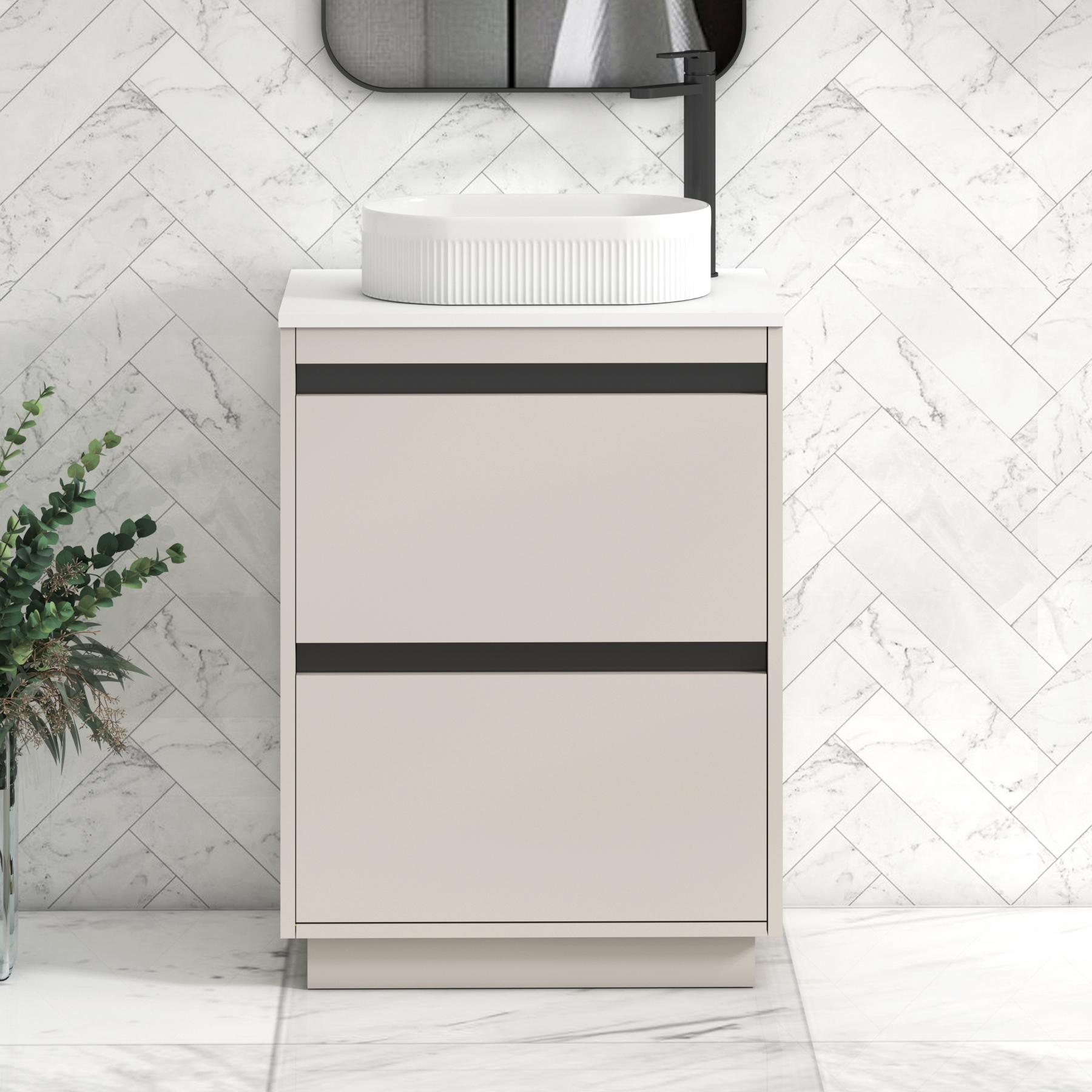 Orion 2 Drawer Warm Taupe Floor Standing Vanity Unit with Plain White Top & Countertop Basin | Black Accent Trim