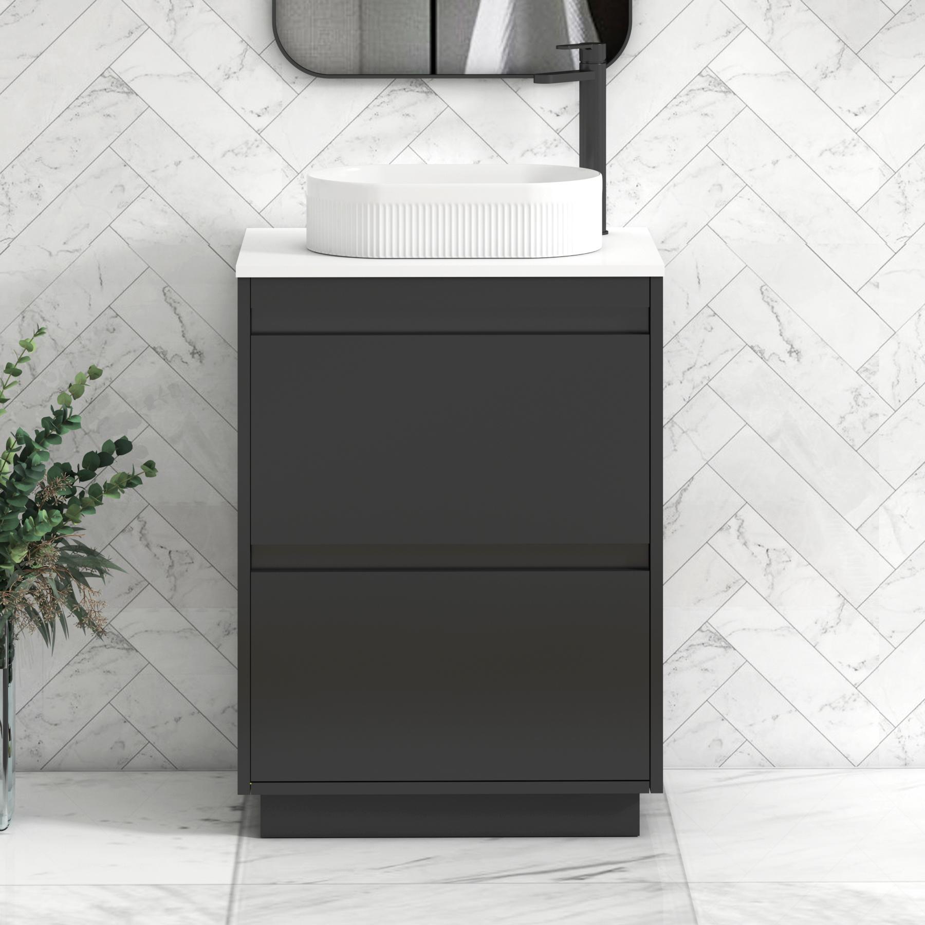 Orion 2 Drawer Matt Obsidian Black Floor Standing Vanity Unit with Plain White Top & Countertop Basin | Black Accent Trim