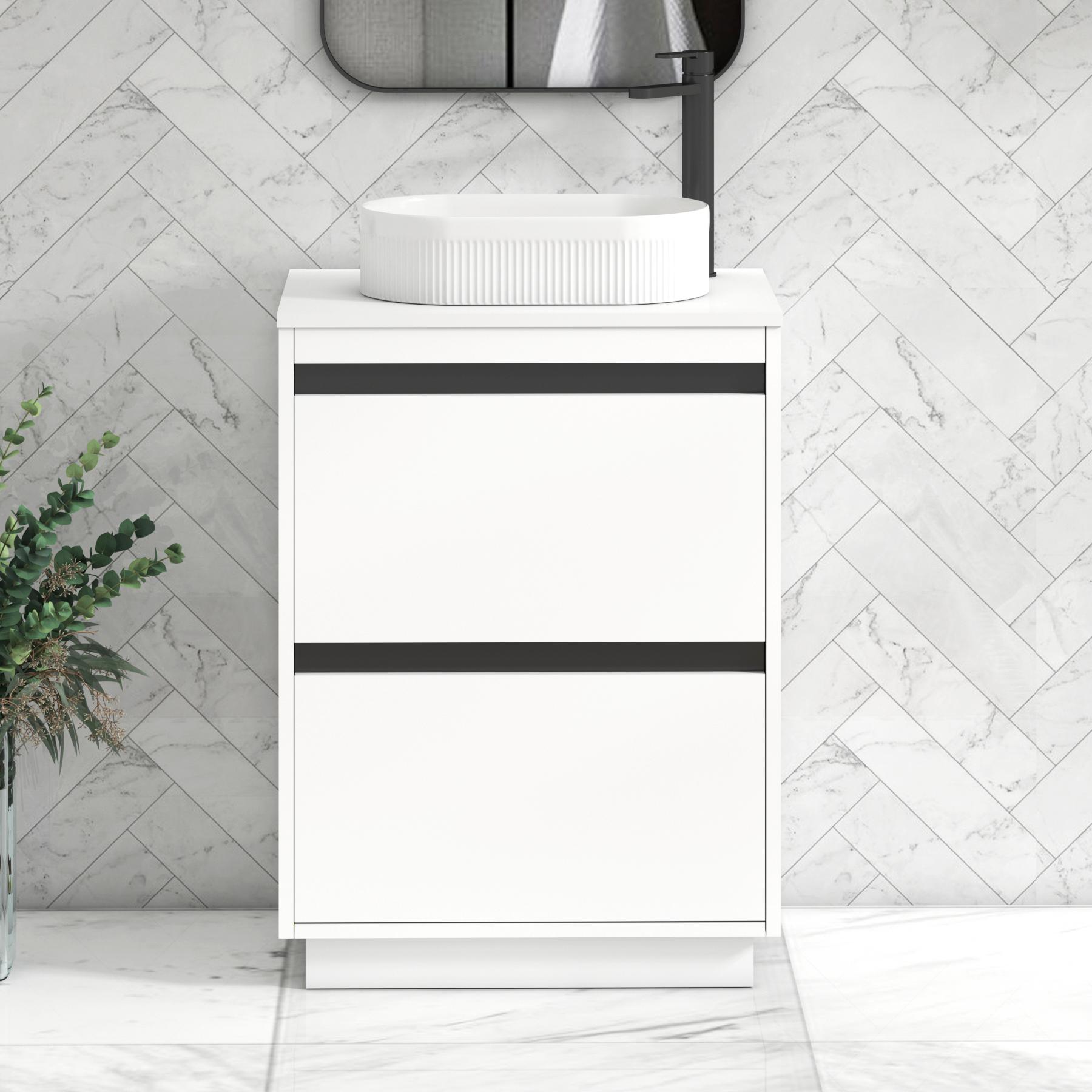 Orion 2 Drawer Matt White Floor Standing Vanity Unit with Plain White Top & Countertop Basin | Black Accent Trim