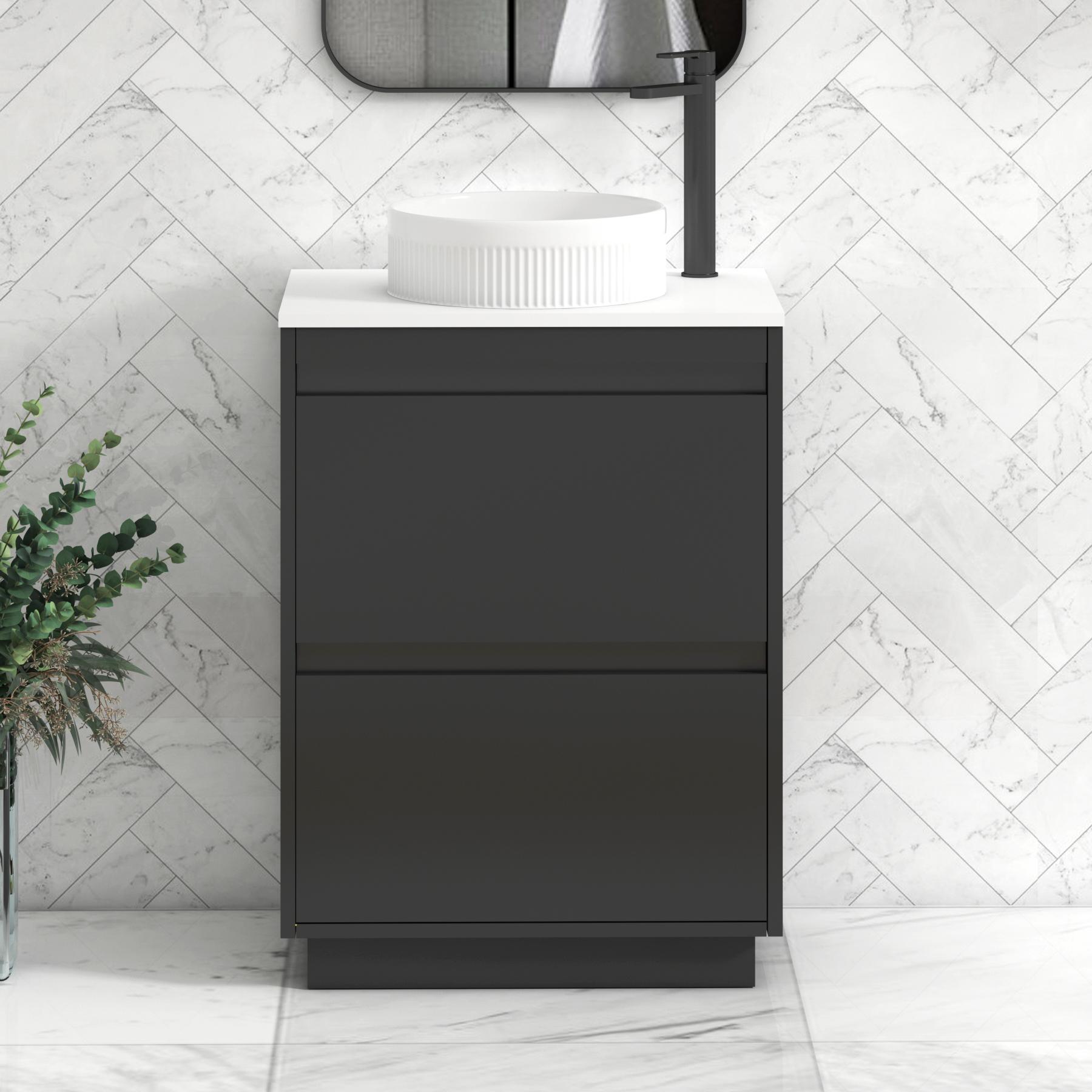 Orion 2 Drawer Matt Obsidian Black Floor Standing Vanity Unit with Plain White Top & Countertop Basin | Black Accent Trim