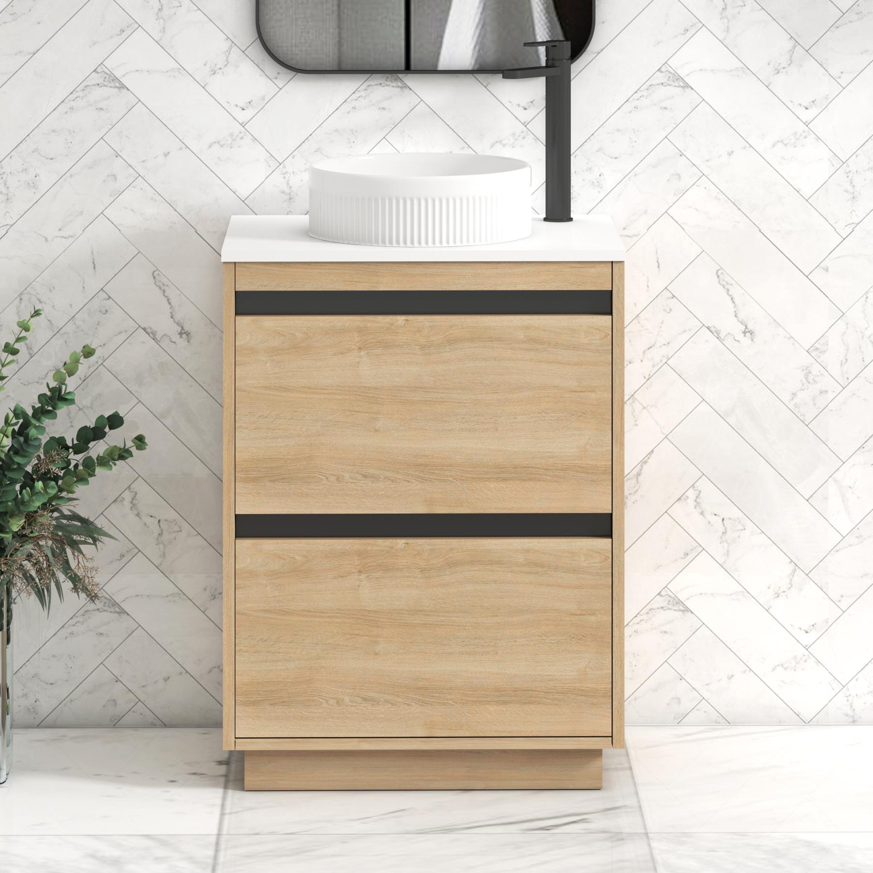Orion 2 Drawer Natural Oak Floor Standing Vanity Unit with Plain White Top & Countertop Basin | Black Accent Trim