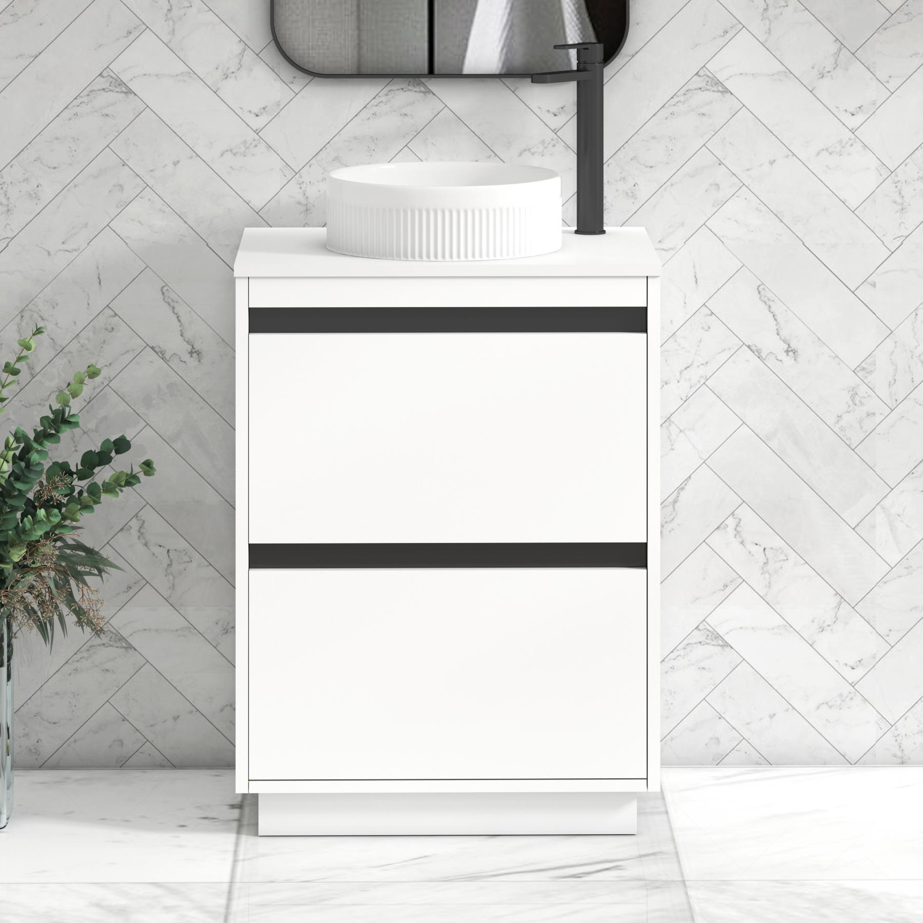 Orion 2 Drawer Matt White Floor Standing Vanity Unit with Plain White Top & Countertop Basin | Black Accent Trim