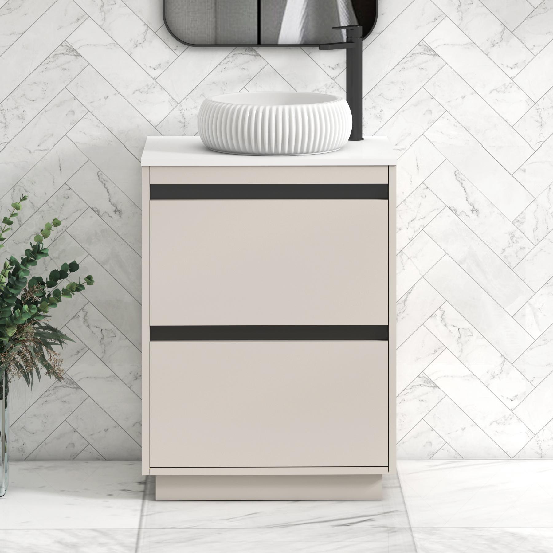 Orion 2 Drawer Warm Taupe Floor Standing Vanity Unit with Plain White Top & Countertop Basin | Black Accent Trim