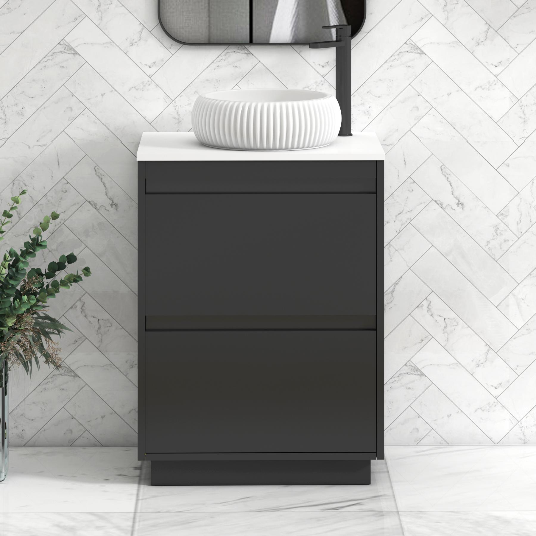 Orion 2 Drawer Matt Obsidian Black Floor Standing Vanity Unit with Plain White Top & Countertop Basin | Black Accent Trim