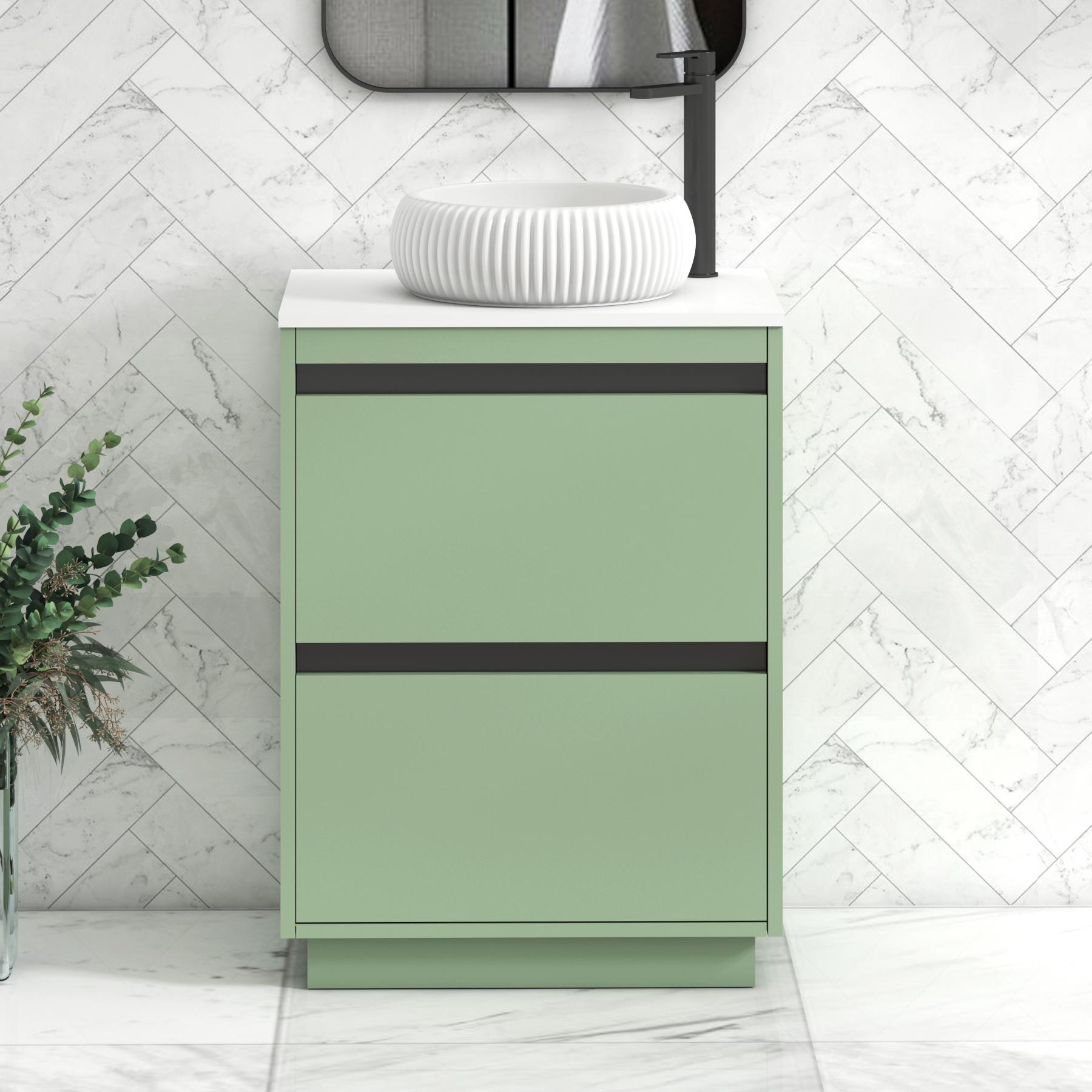 Orion 2 Drawer Mint Sage Floor Standing Vanity Unit with Plain White Top & Countertop Basin | Black Accent Trim