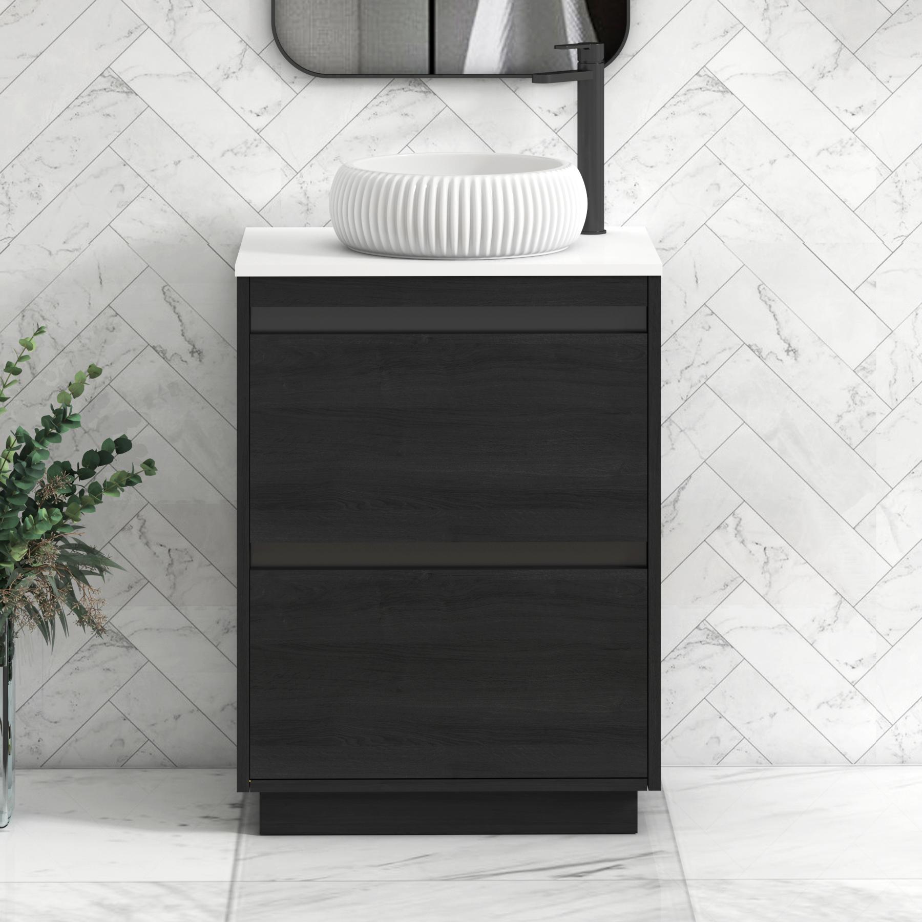 Orion 2 Drawer Hale Black Floor Standing Vanity Unit with Plain White Top & Countertop Basin | Black Accent Trim