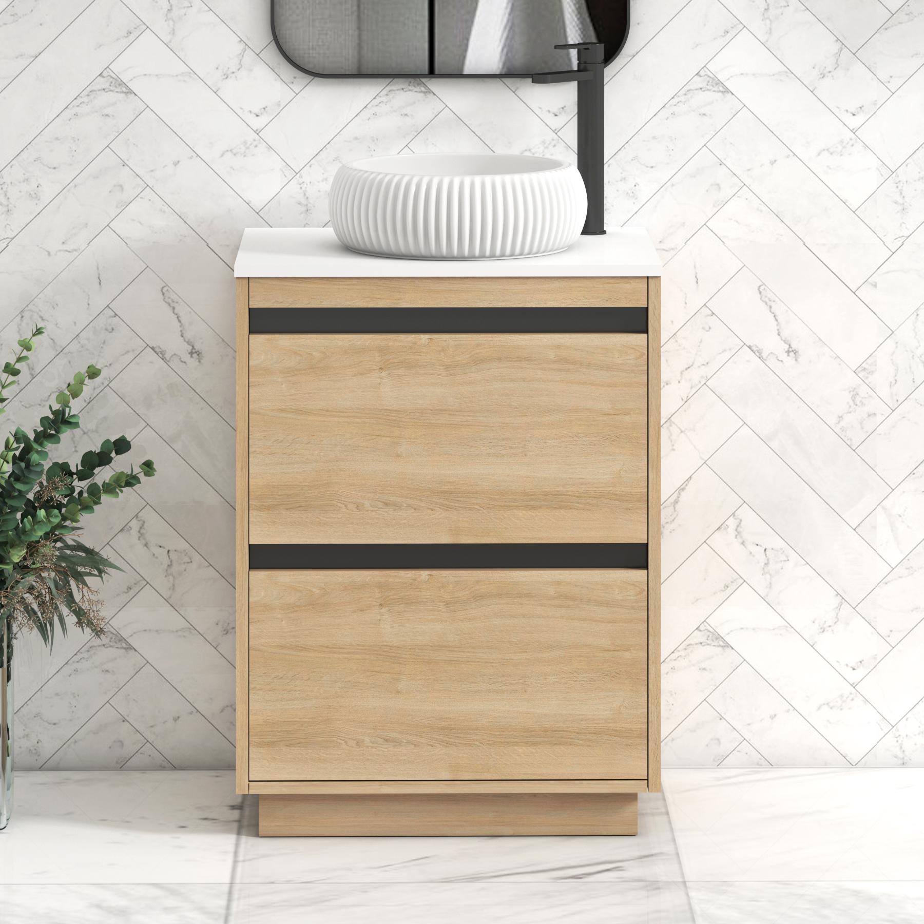 Orion 2 Drawer Natural Oak Floor Standing Vanity Unit with Plain White Top & Countertop Basin | Black Accent Trim