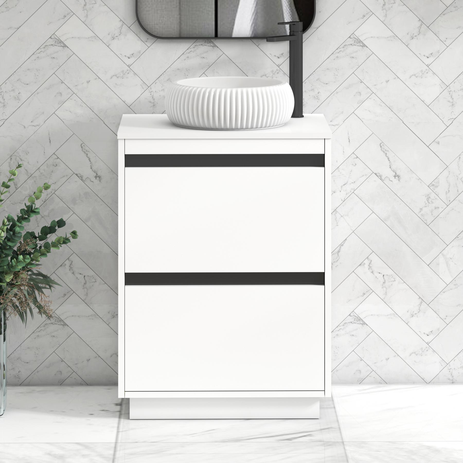 Orion 2 Drawer Matt White Floor Standing Vanity Unit with Plain White Top & Countertop Basin | Black Accent Trim