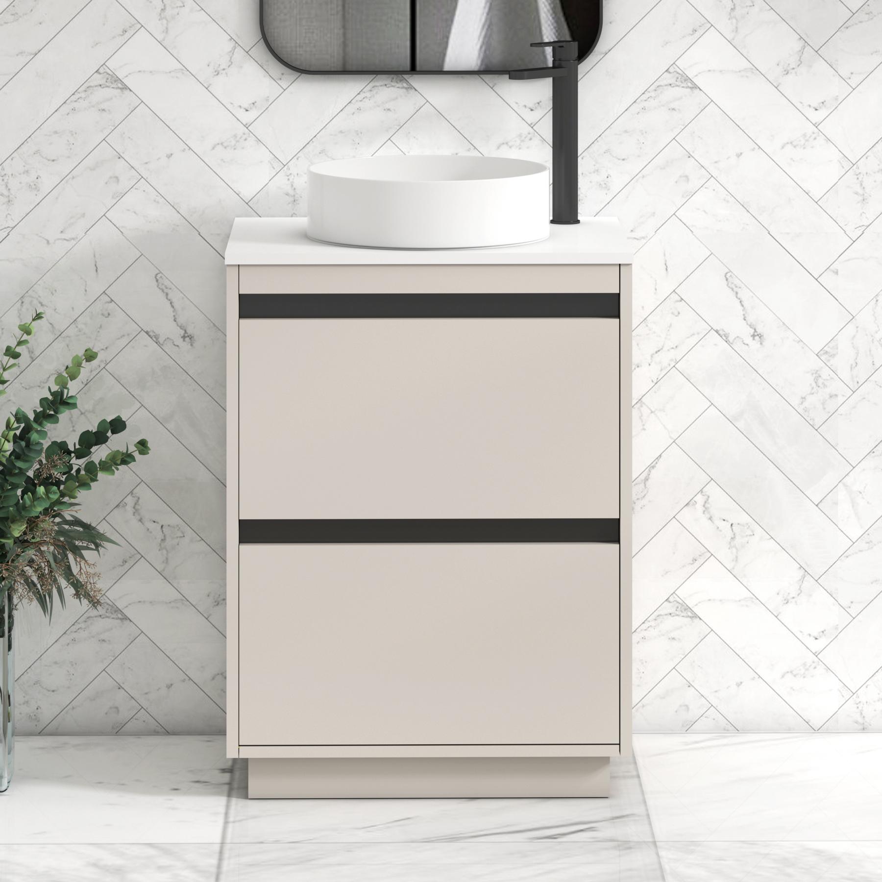 Orion 2 Drawer Warm Taupe Floor Standing Vanity Unit with Plain White Top & Countertop Basin | Black Accent Trim