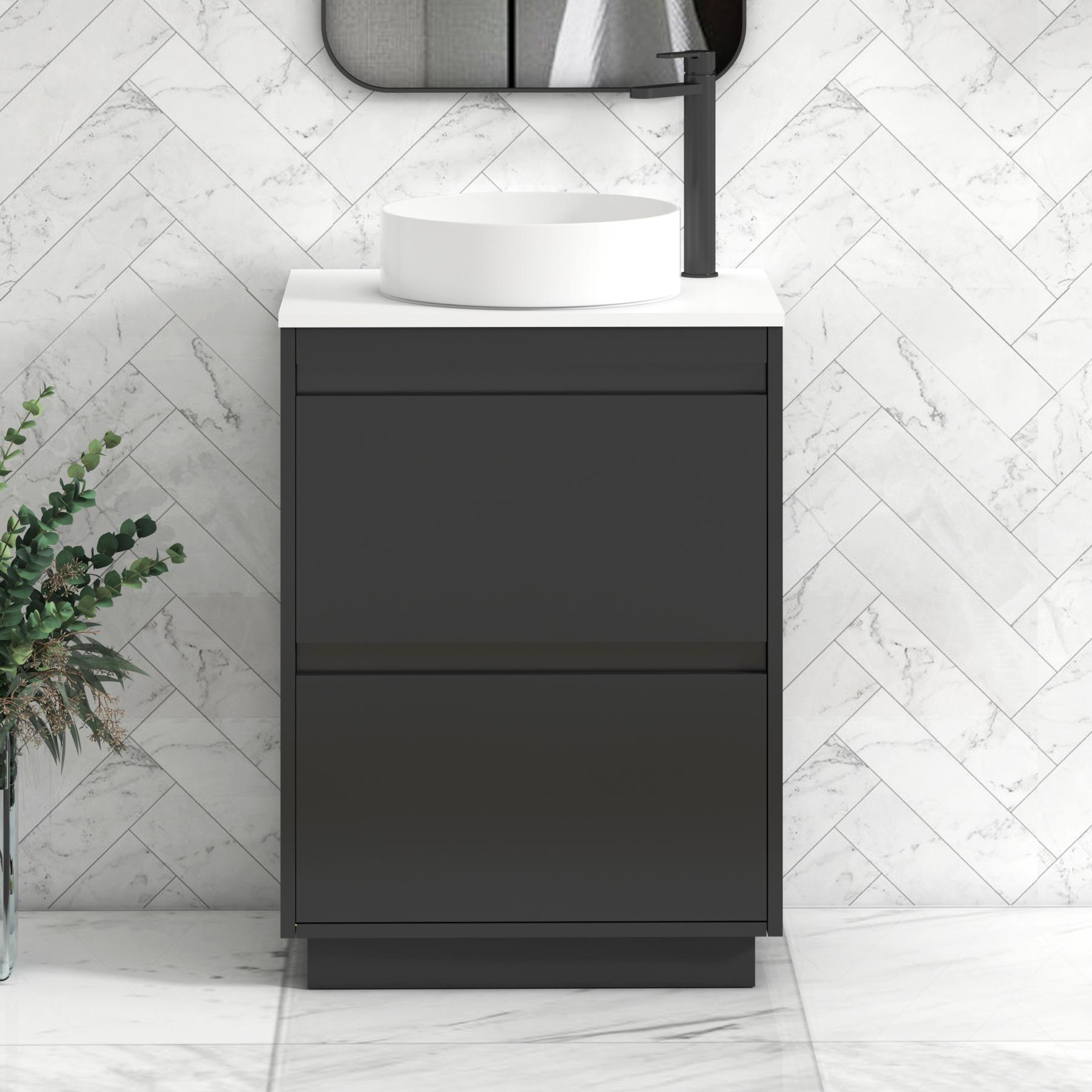 Orion 2 Drawer Matt Obsidian Black Floor Standing Vanity Unit with Plain White Top & Countertop Basin | Black Accent Trim