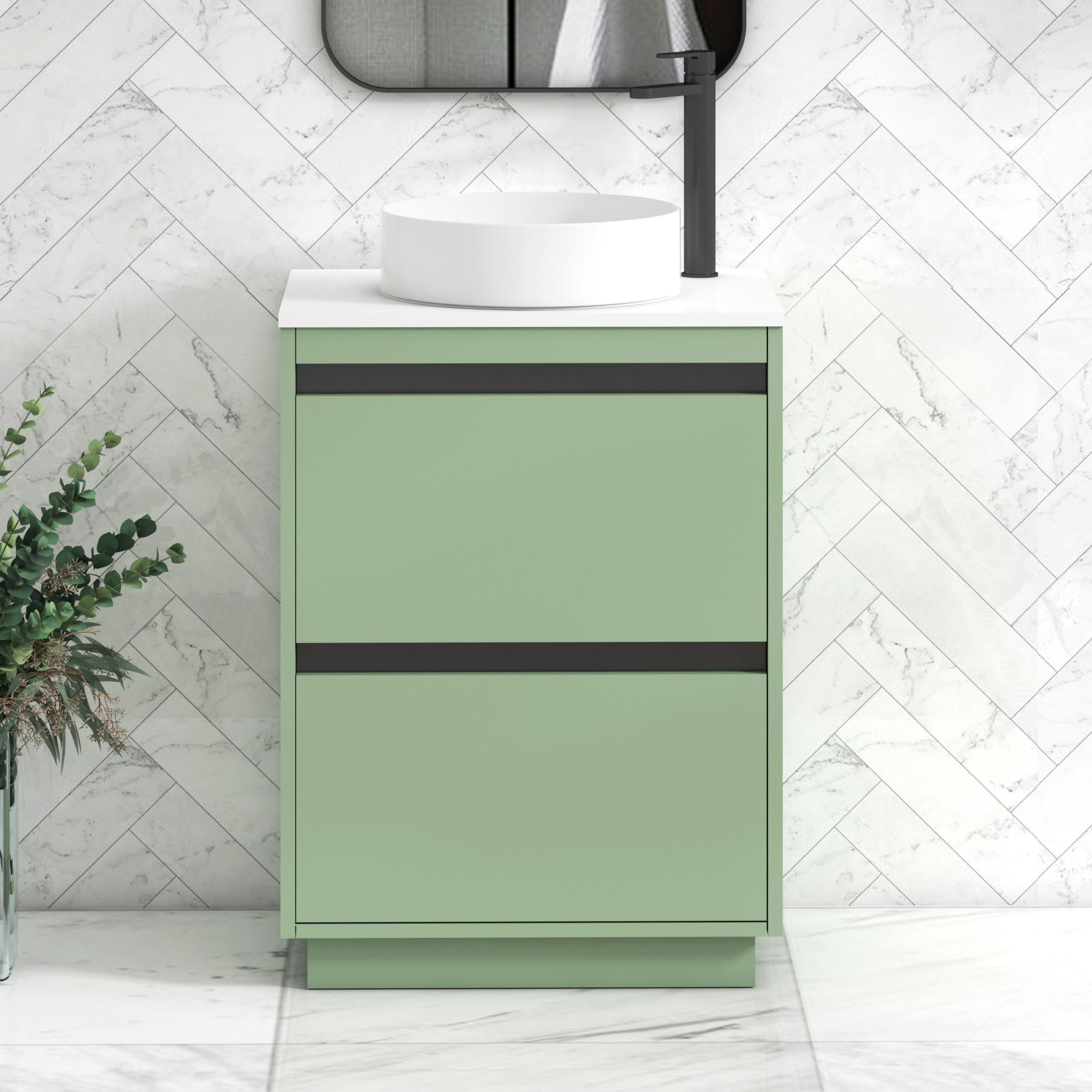 Orion 2 Drawer Mint Sage Floor Standing Vanity Unit with Plain White Top & Countertop Basin | Black Accent Trim