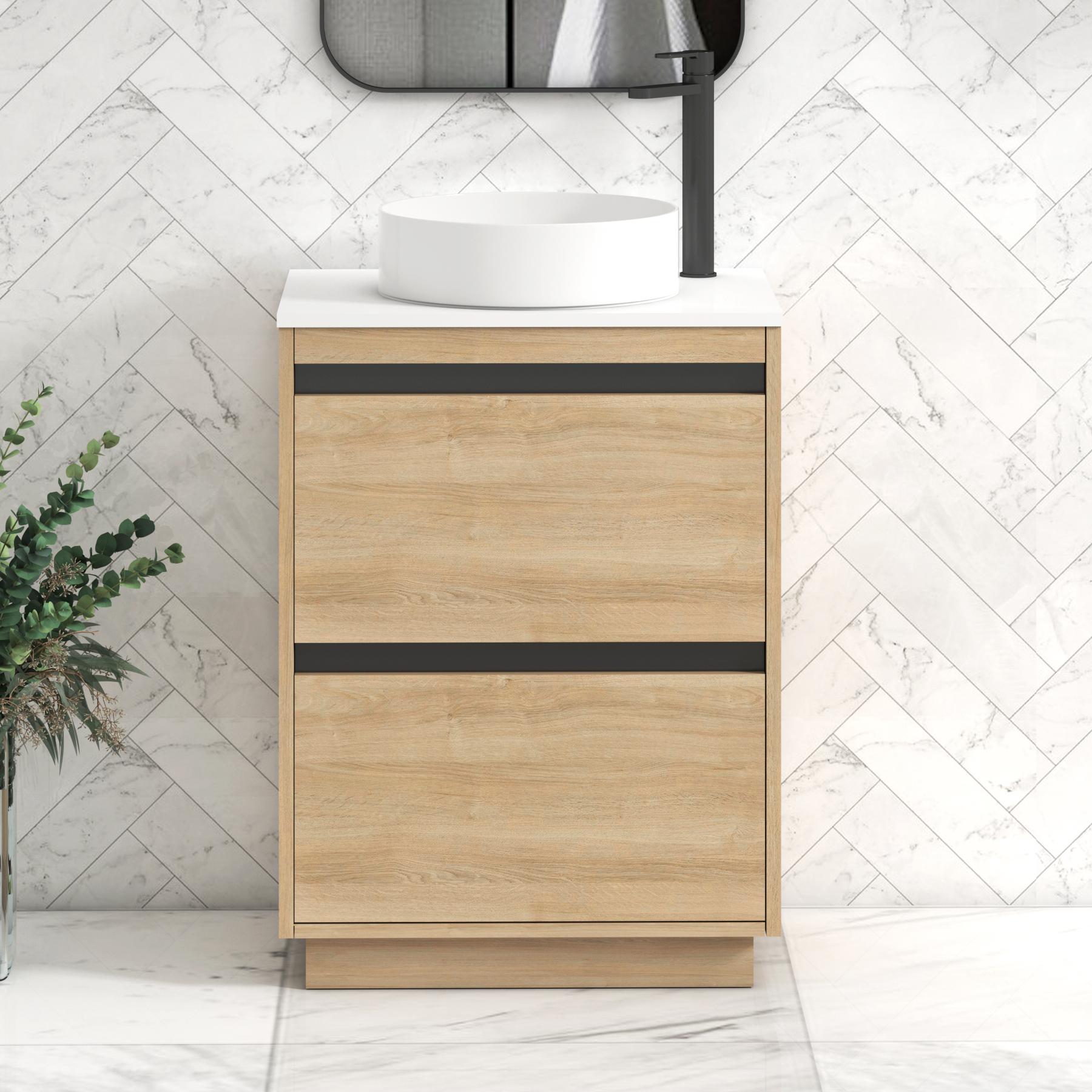 Orion 2 Drawer Natural Oak Floor Standing Vanity Unit with Plain White Top & Countertop Basin | Black Accent Trim