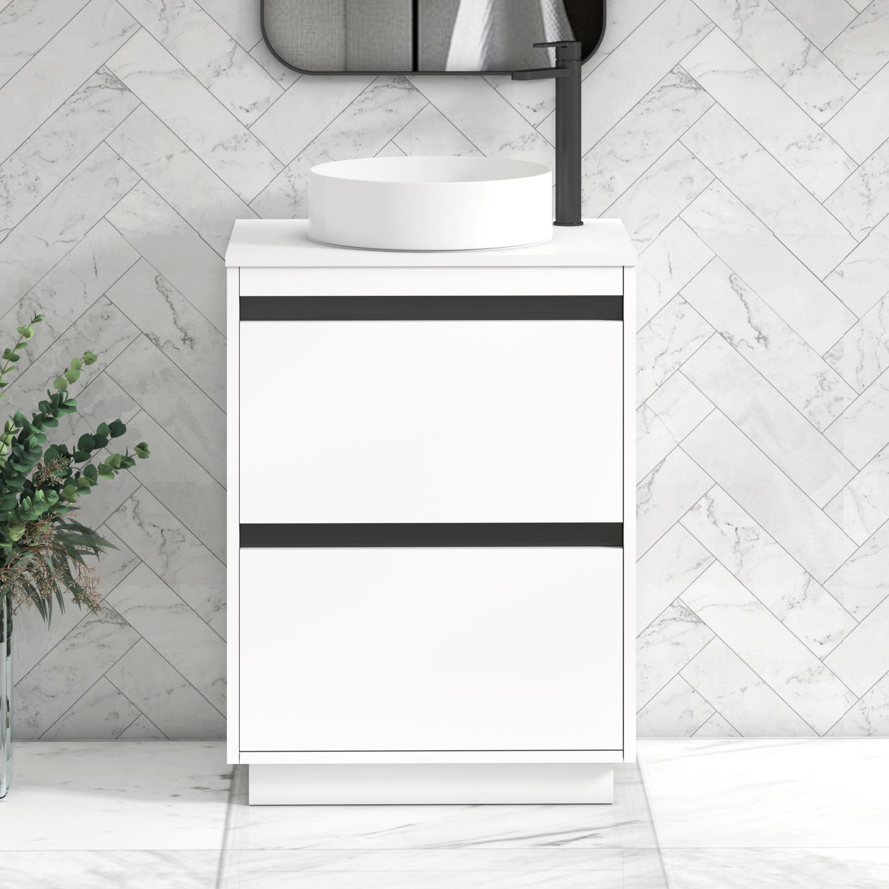 Orion 2 Drawer Matt White Floor Standing Vanity Unit with Plain White Top & Countertop Basin | Black Accent Trim