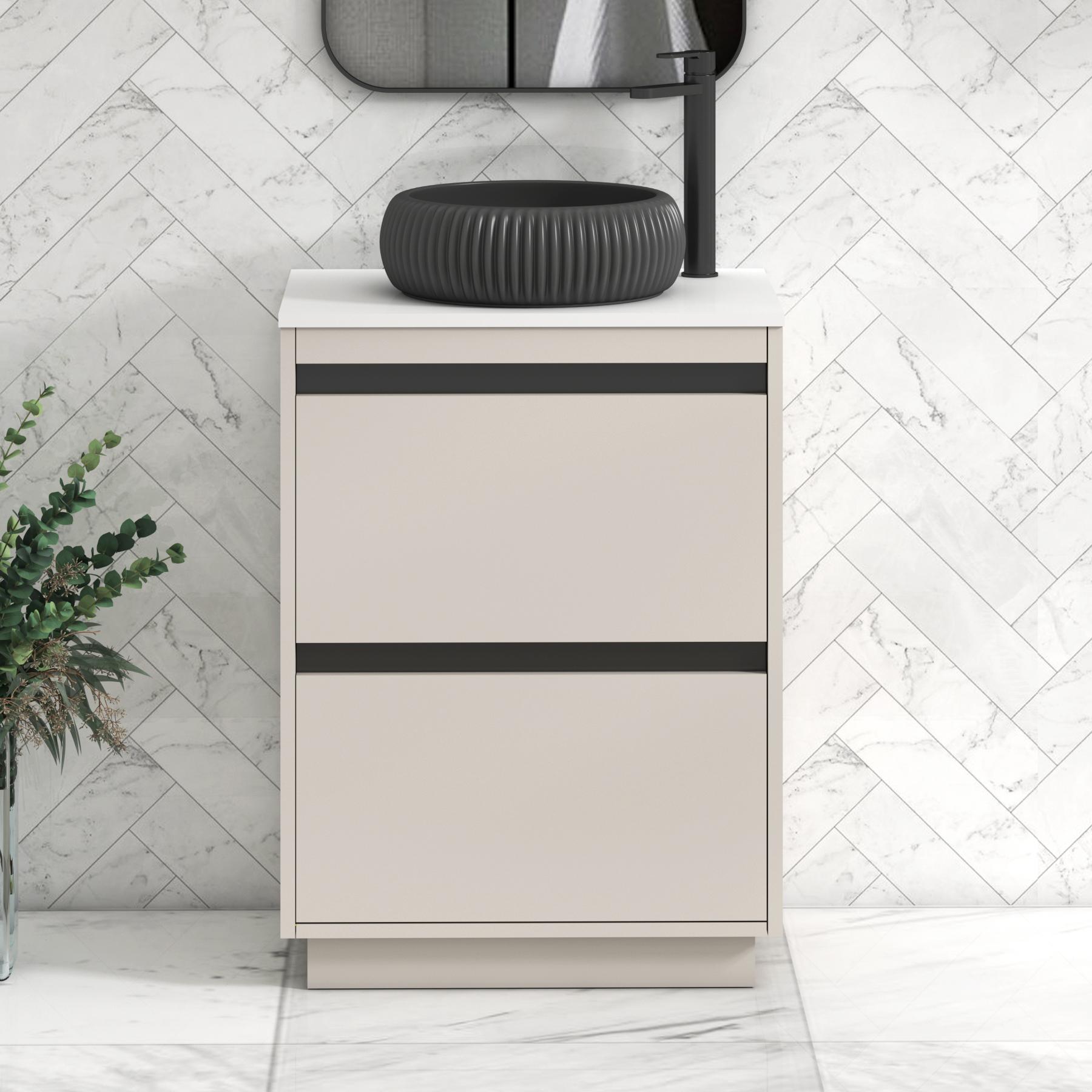 Orion 2 Drawer Warm Taupe Floor Standing Vanity Unit with Plain White Top & Countertop Basin | Black Accent Trim