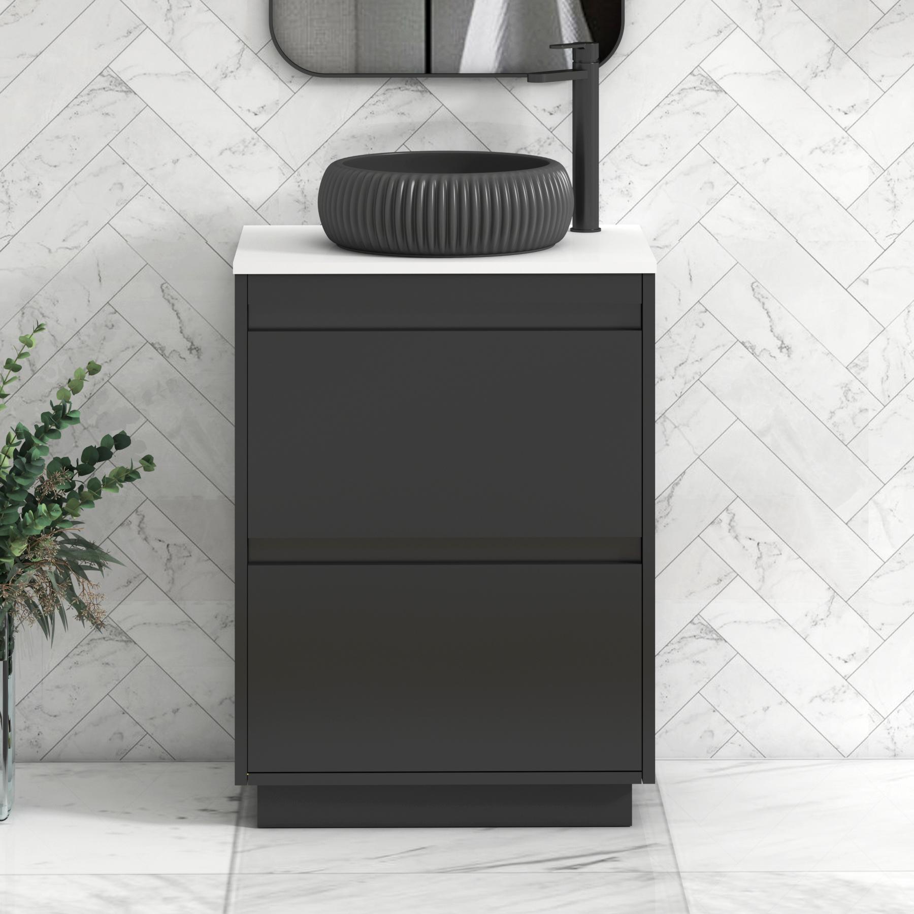 Orion 2 Drawer Matt Obsidian Black Floor Standing Vanity Unit with Plain White Top & Countertop Basin | Black Accent Trim