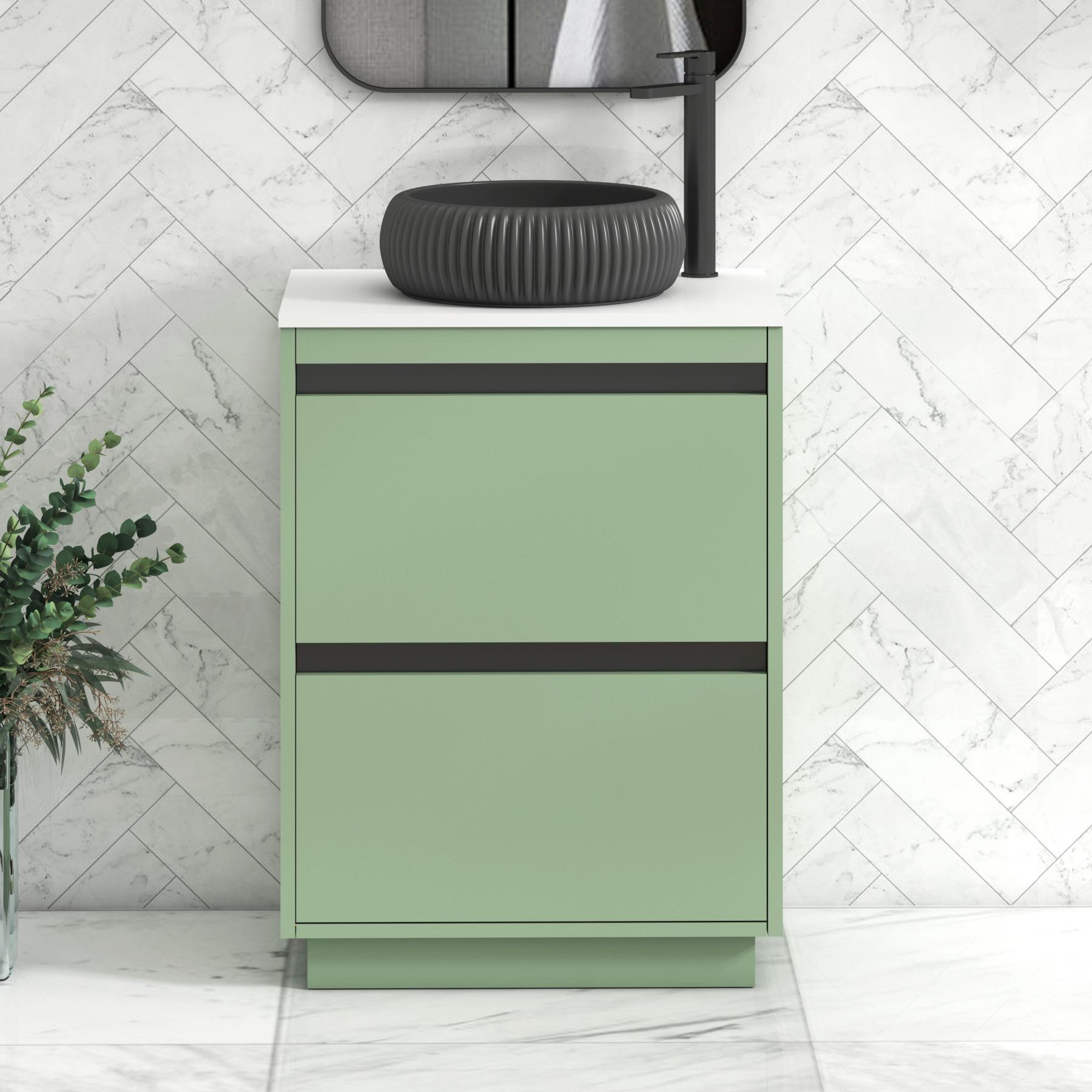Orion 2 Drawer Mint Sage Floor Standing Vanity Unit with Plain White Top & Countertop Basin | Black Accent Trim