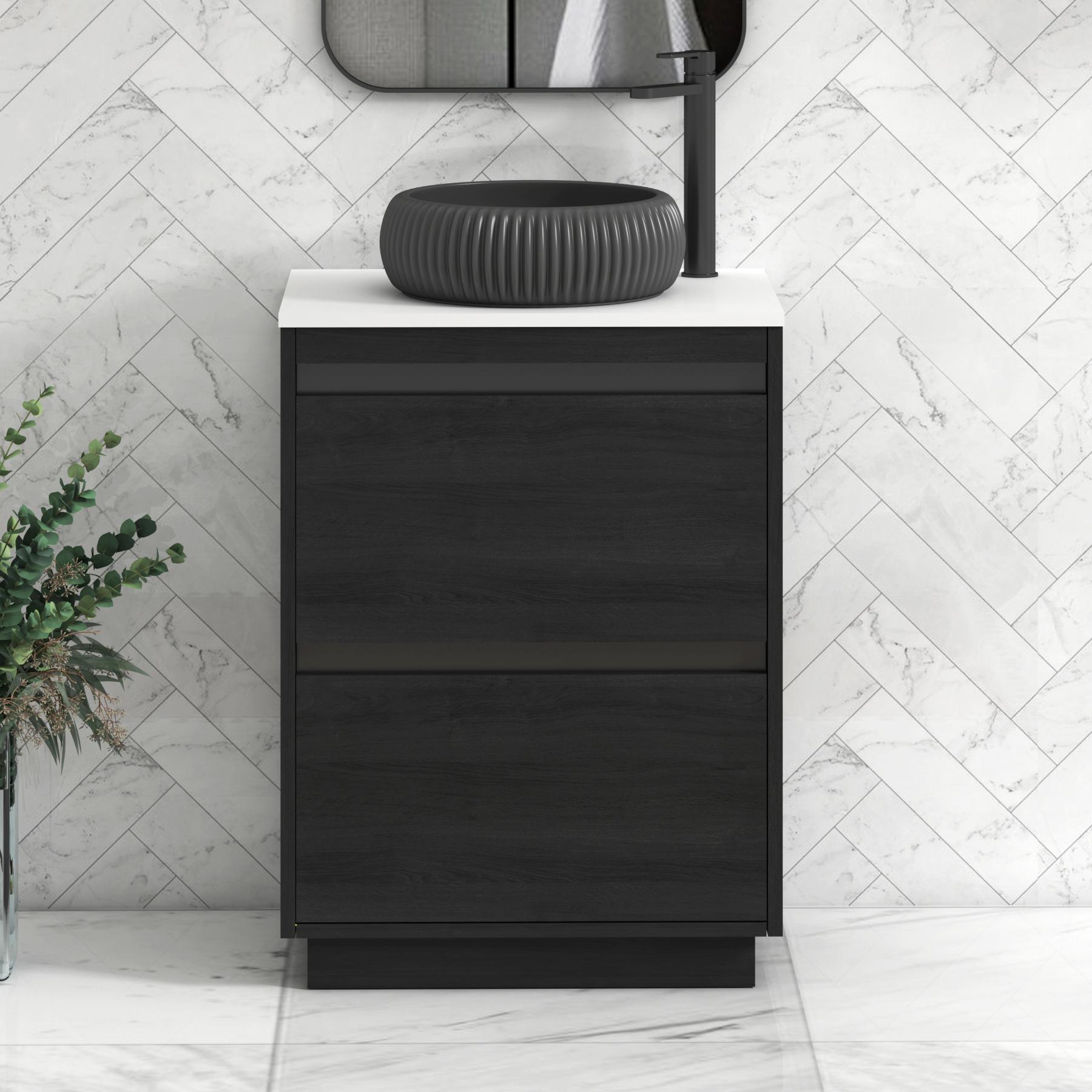 Orion 2 Drawer Hale Black Floor Standing Vanity Unit with Plain White Top & Countertop Basin | Black Accent Trim