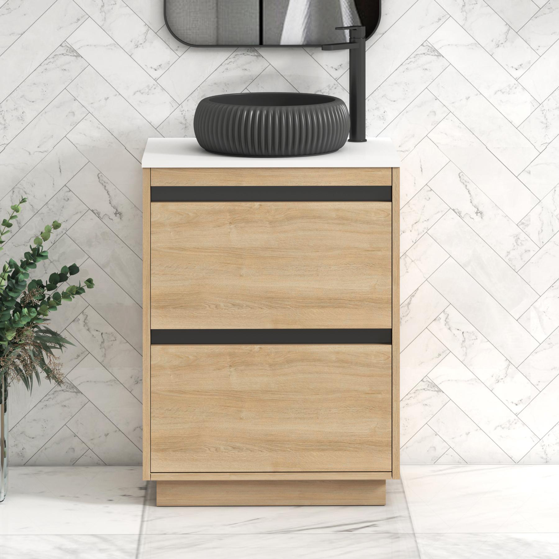 Orion 2 Drawer Natural Oak Floor Standing Vanity Unit with Plain White Top & Countertop Basin | Black Accent Trim