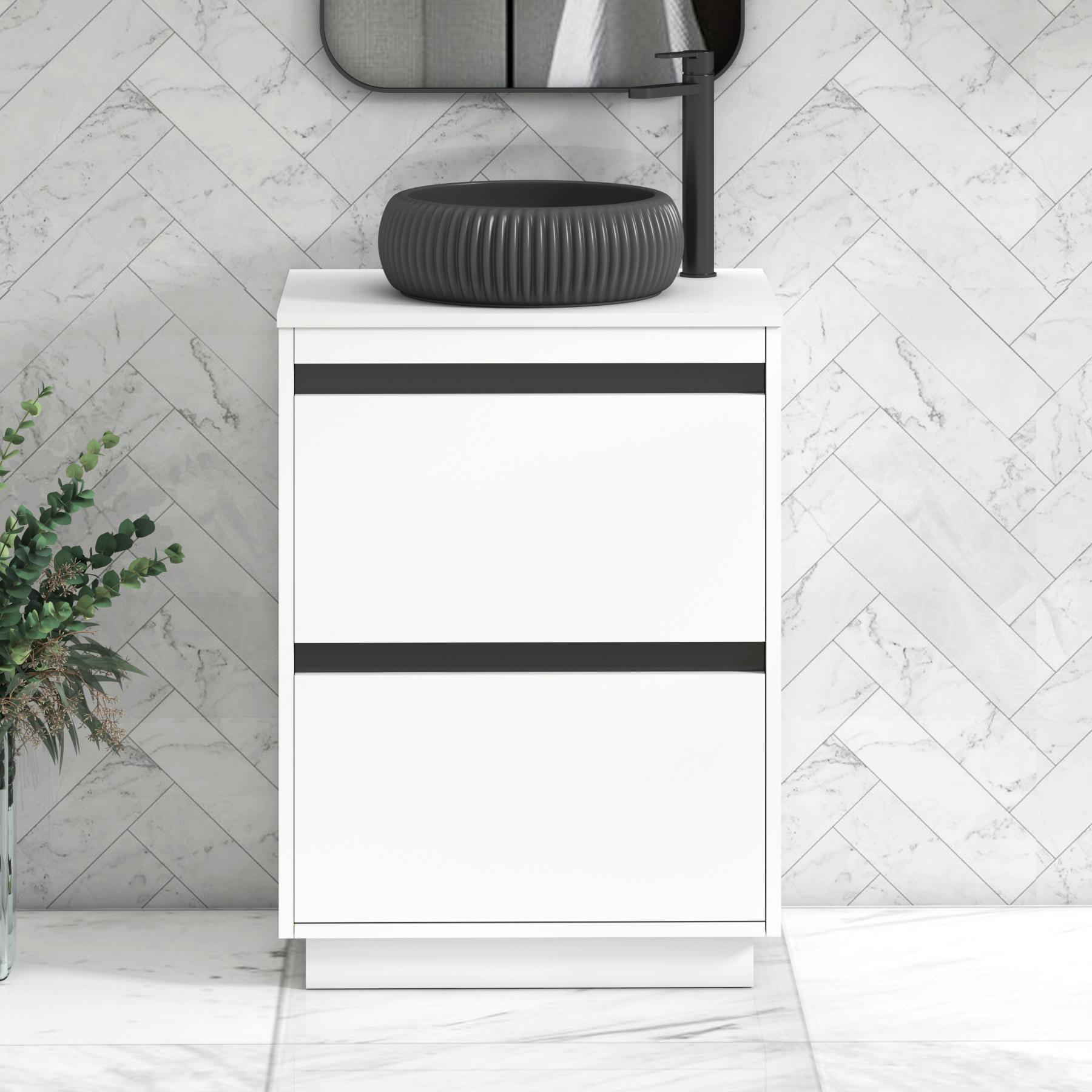Orion 2 Drawer Matt White Floor Standing Vanity Unit with Plain White Top & Countertop Basin | Black Accent Trim
