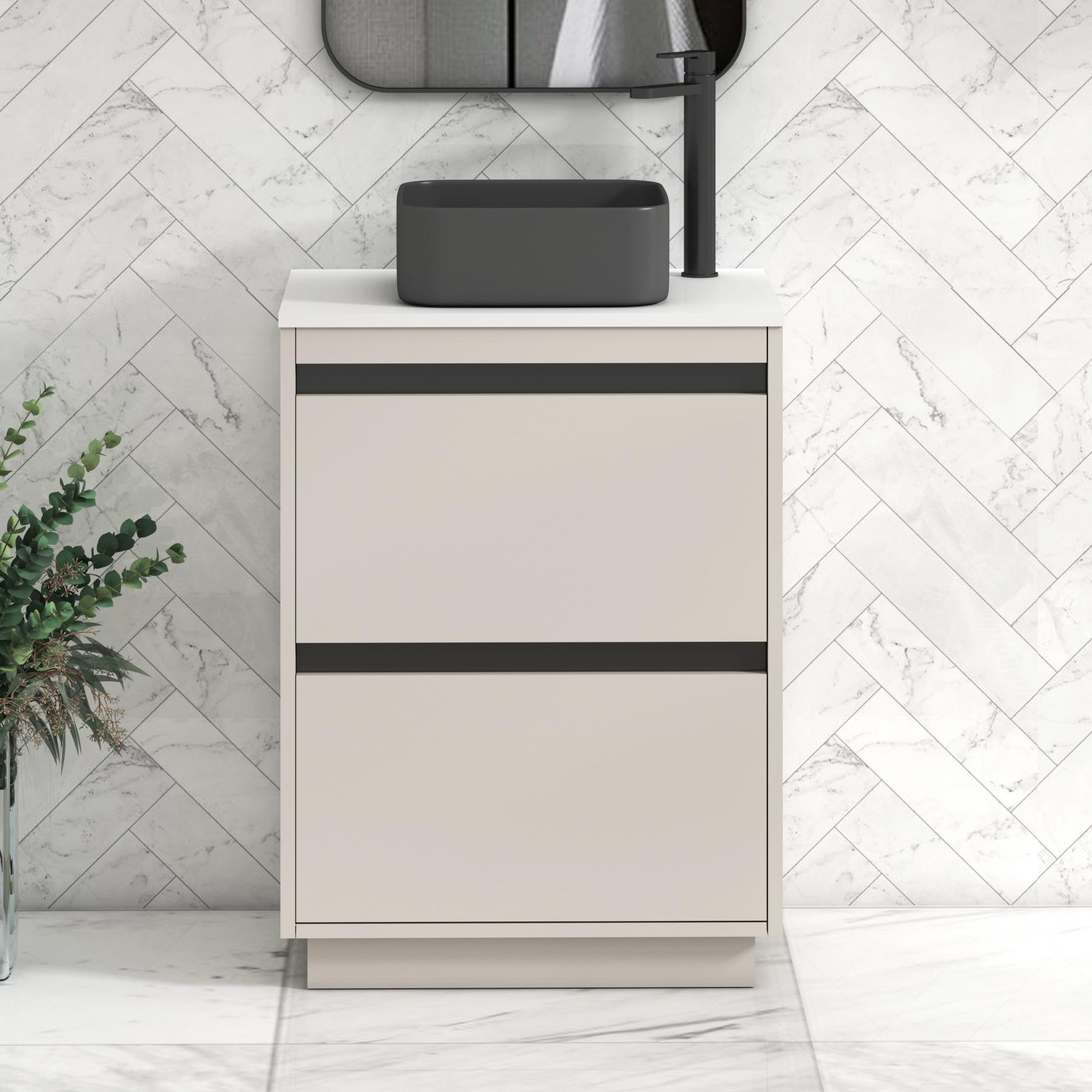 Orion 2 Drawer Warm Taupe Floor Standing Vanity Unit with Plain White Top & Countertop Basin | Black Accent Trim