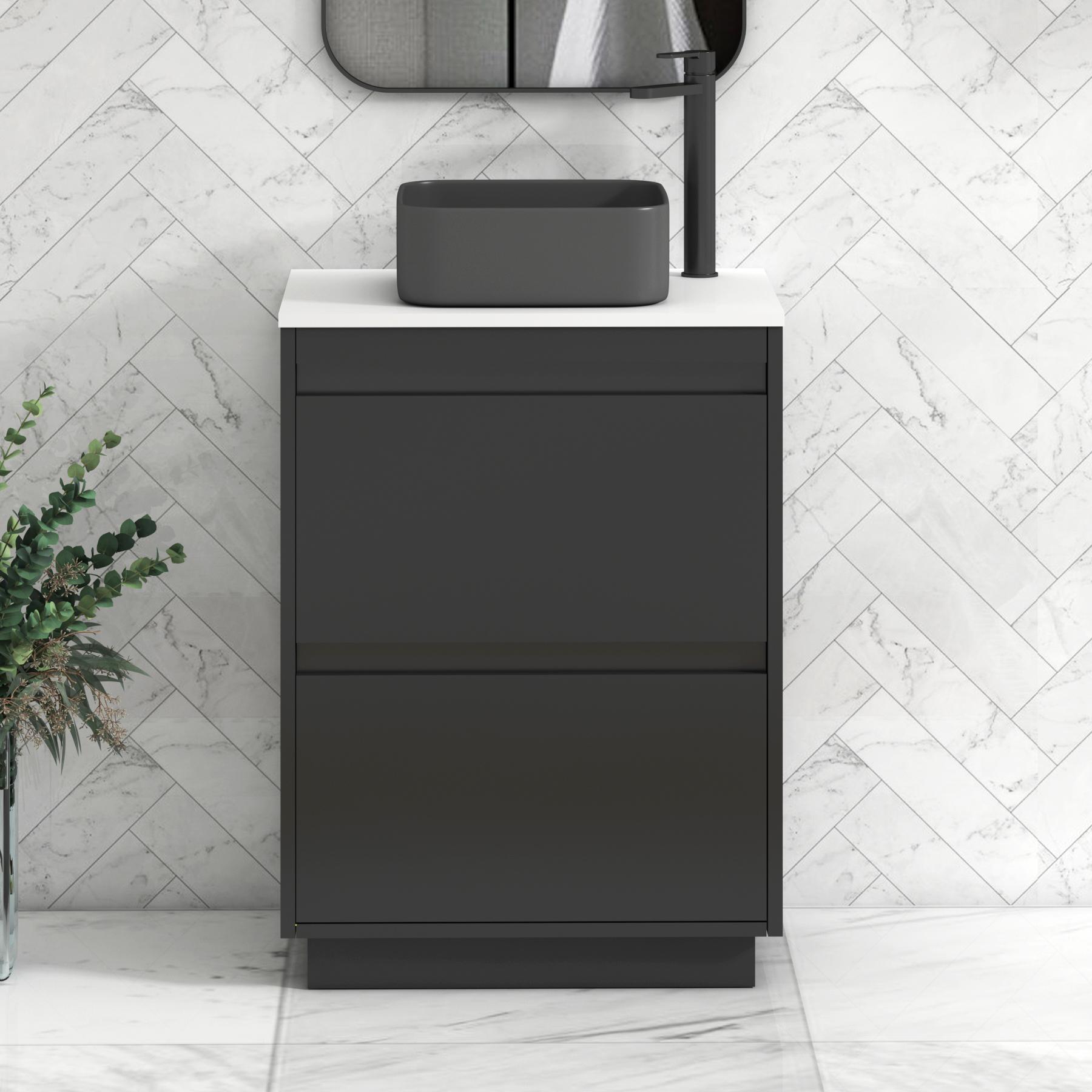 Orion 2 Drawer Matt Obsidian Black Floor Standing Vanity Unit with Plain White Top & Countertop Basin | Black Accent Trim
