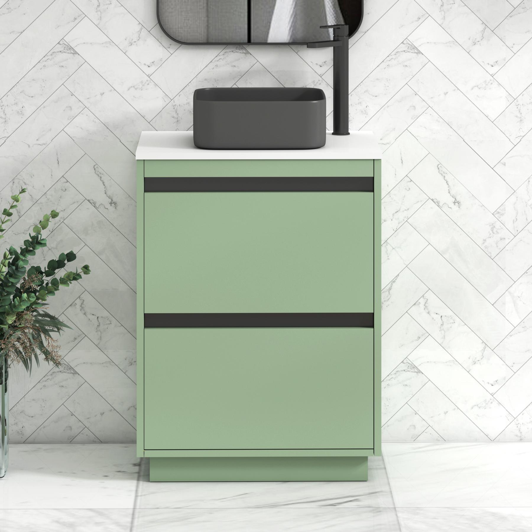 Orion 2 Drawer Mint Sage Floor Standing Vanity Unit with Plain White Top & Countertop Basin | Black Accent Trim