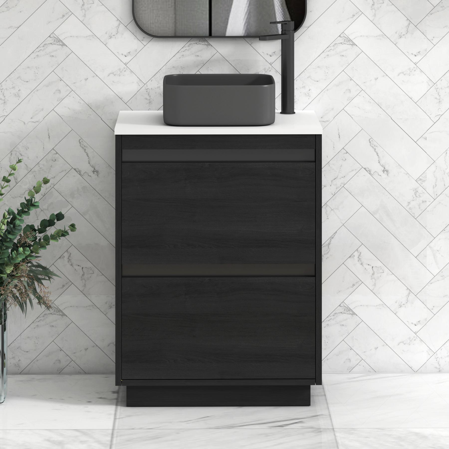 Orion 2 Drawer Hale Black Floor Standing Vanity Unit with Plain White Top & Countertop Basin | Black Accent Trim