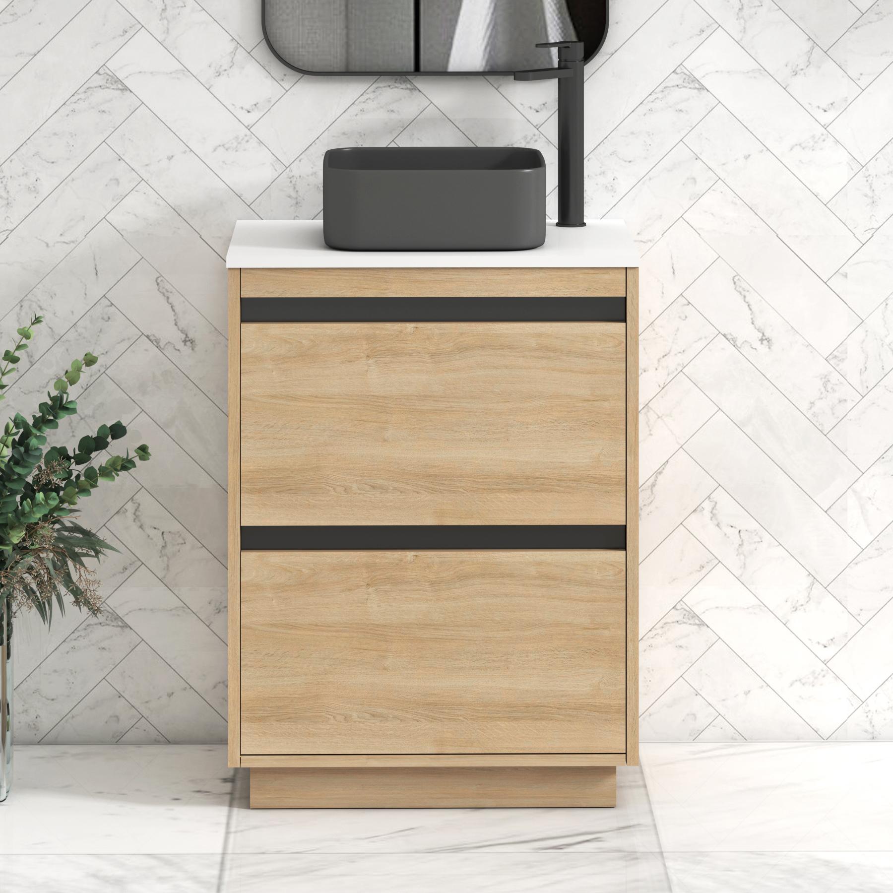 Orion 2 Drawer Natural Oak Floor Standing Vanity Unit with Plain White Top & Countertop Basin | Black Accent Trim